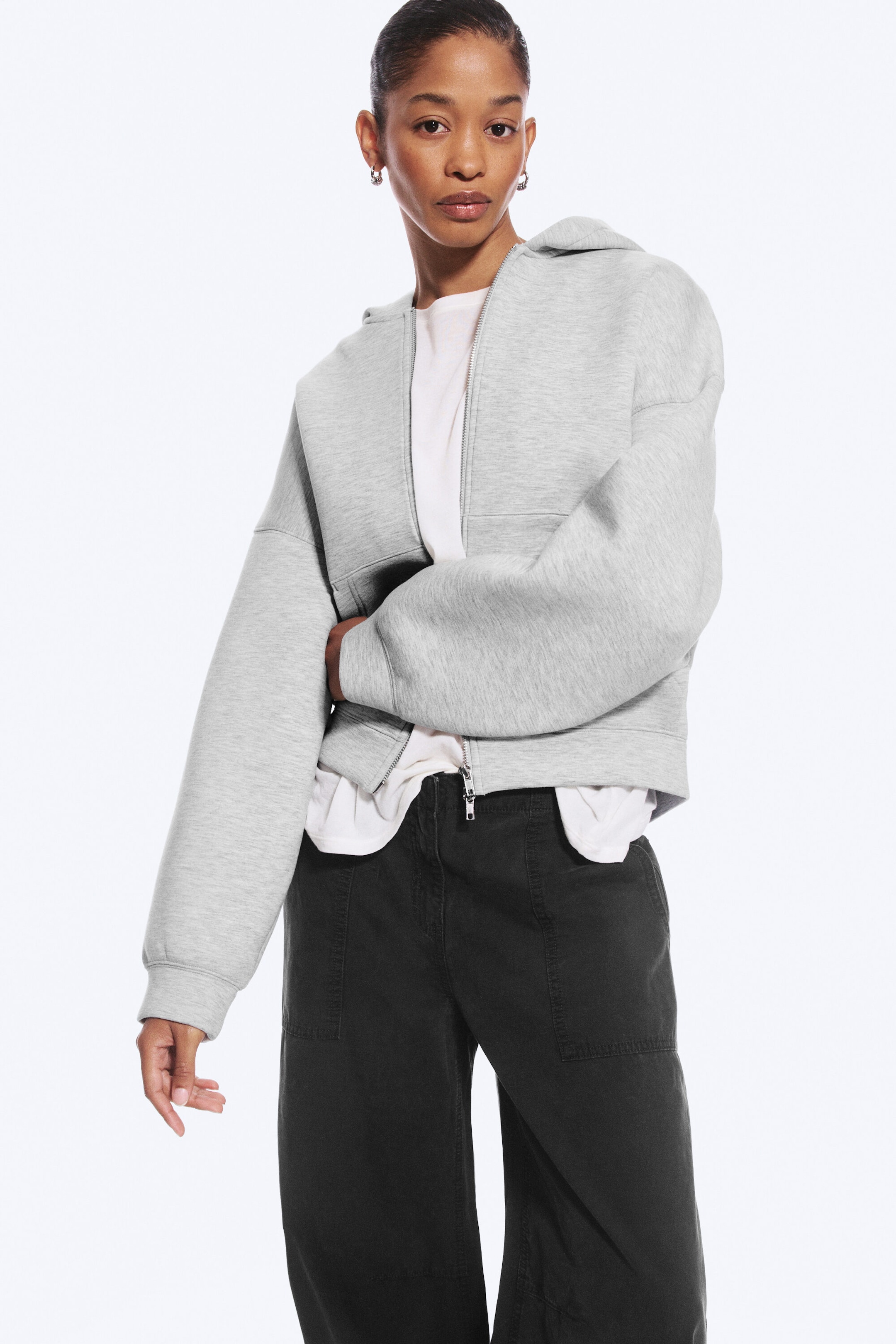 Gris chiné - Sweat à capuche zippé oversize en scuba - 1