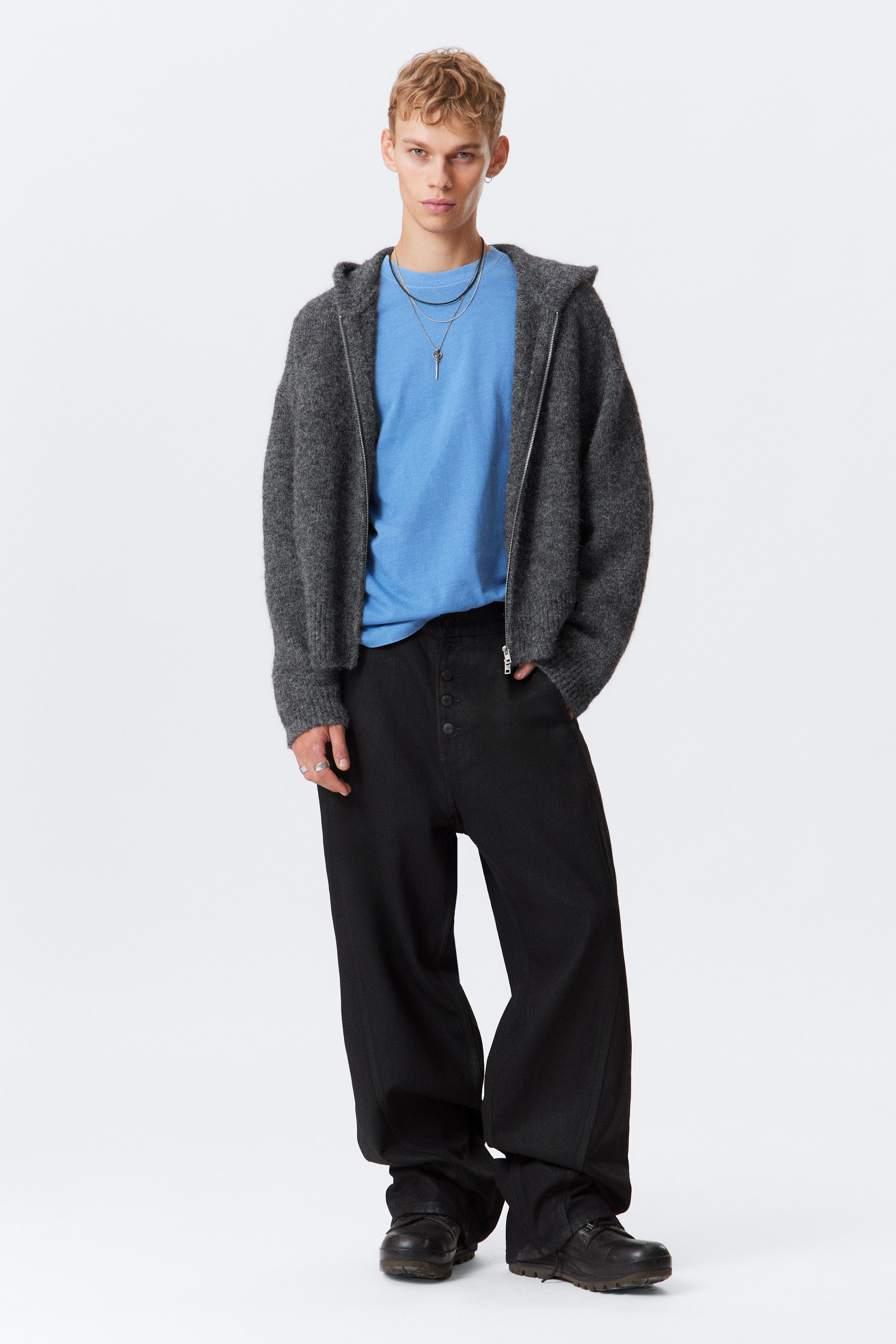 Dunkelgrau - Gestrickter, kastiger Zip-Hoodie aus Wollmischung - 2