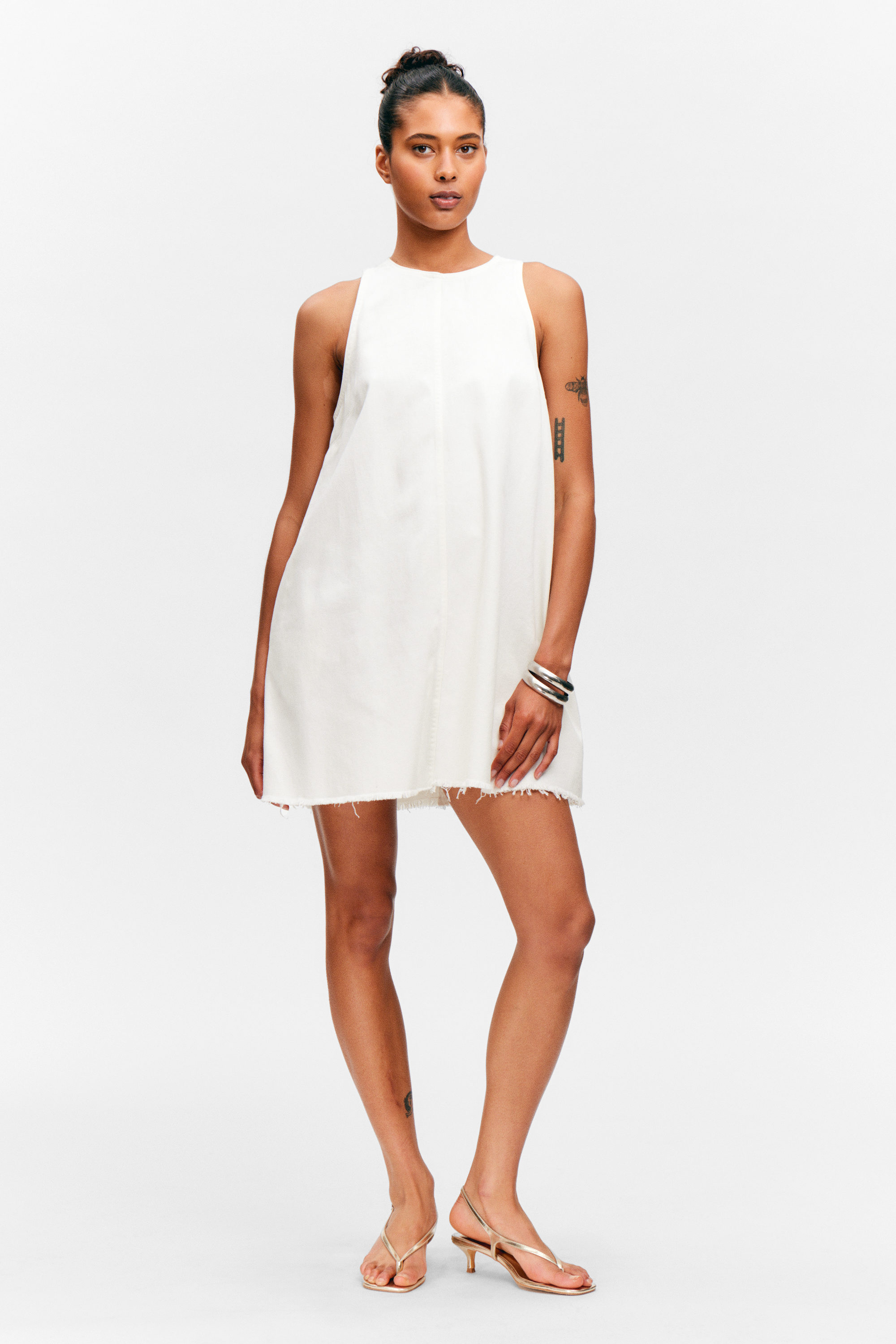 White - Sleeveless Cotton Twill Mini Dress - 1
