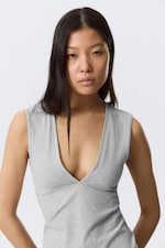 Light Grey Melange - Fitted V-Neck Sleeveless Top - 2