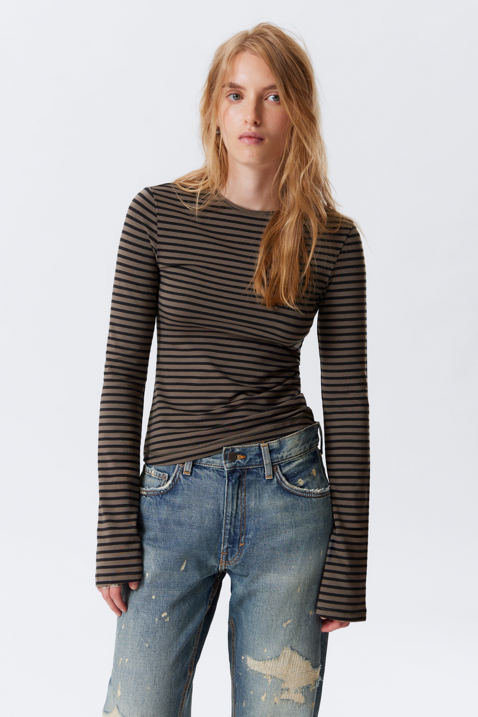 Long Sleeve Cotton Top - Striped Dark Brown/Dark Green/Striped Mole/Dark Brown/White - Black Stripes/Striped Dark Khaki Green/Rust/Ecru/White/Bright Red - 1