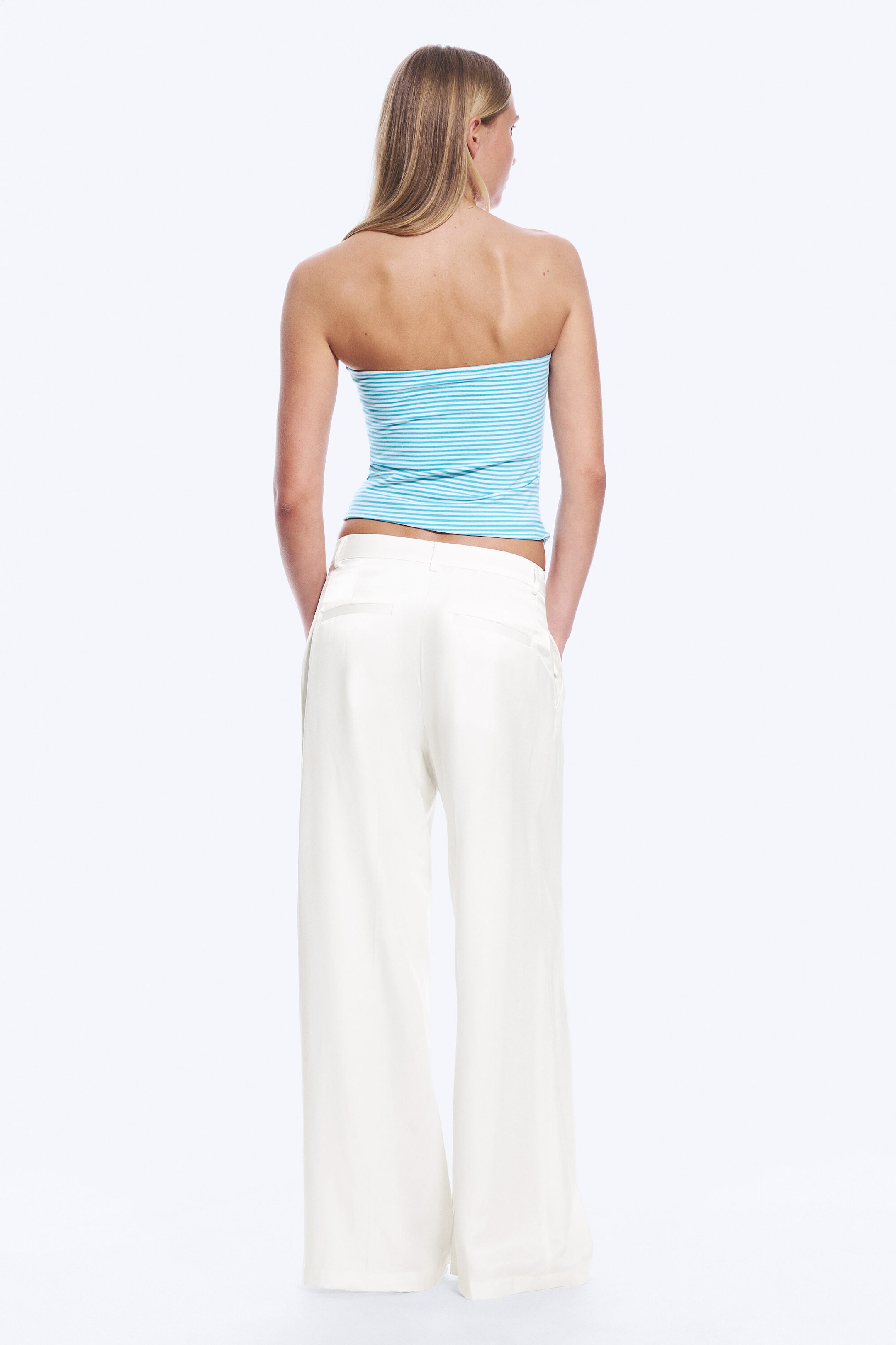 White - High Waisted Wide Leg Satin Trousers - 3
