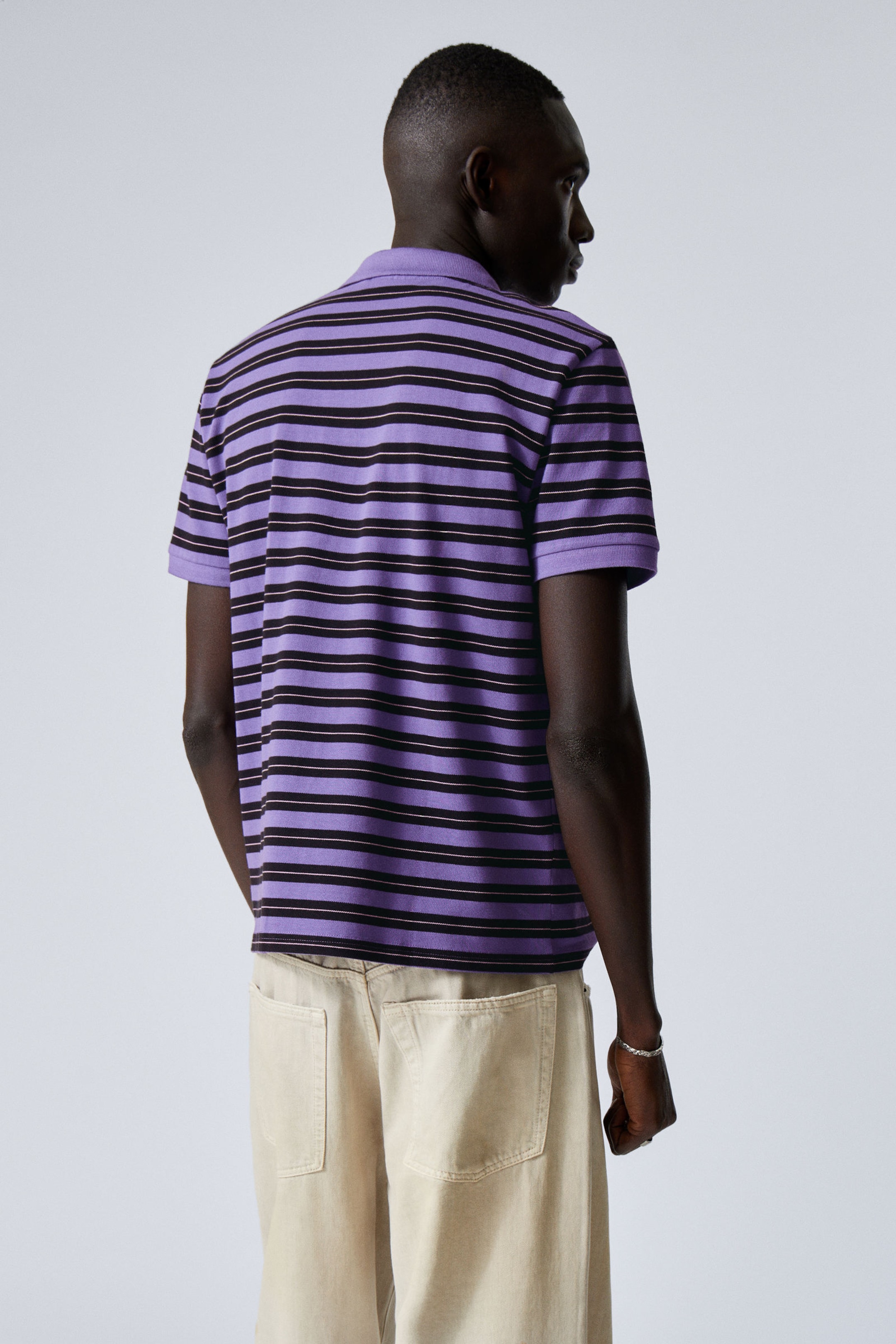 Striped Lilac - Short-Sleeved Cotton Piqué Polo Shirt - 2