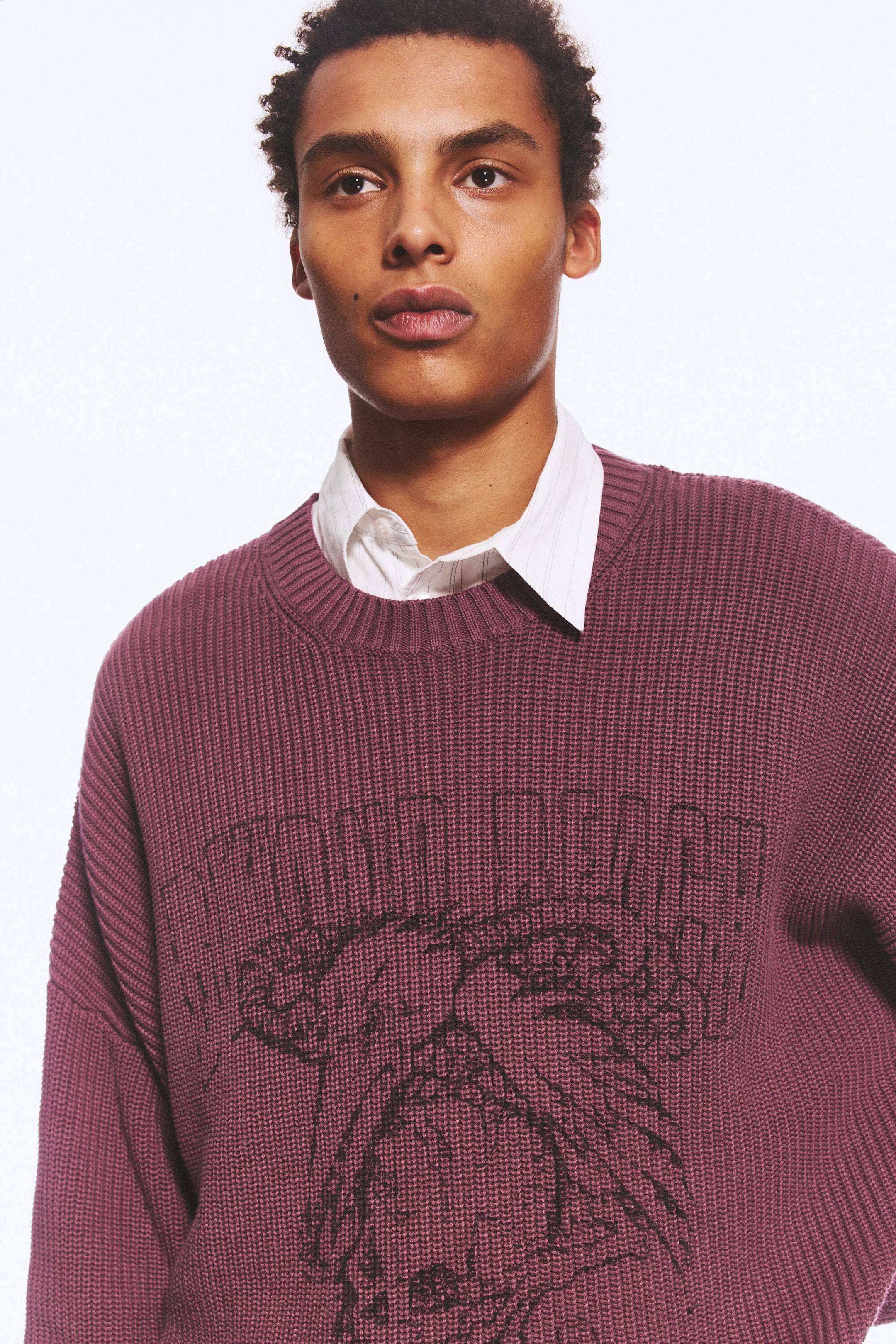 Burgundy - Oversized Graphic Knitted Cotton Sweater - 1
