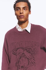 Burgundy - Oversized Graphic Knitted Cotton Sweater - 1