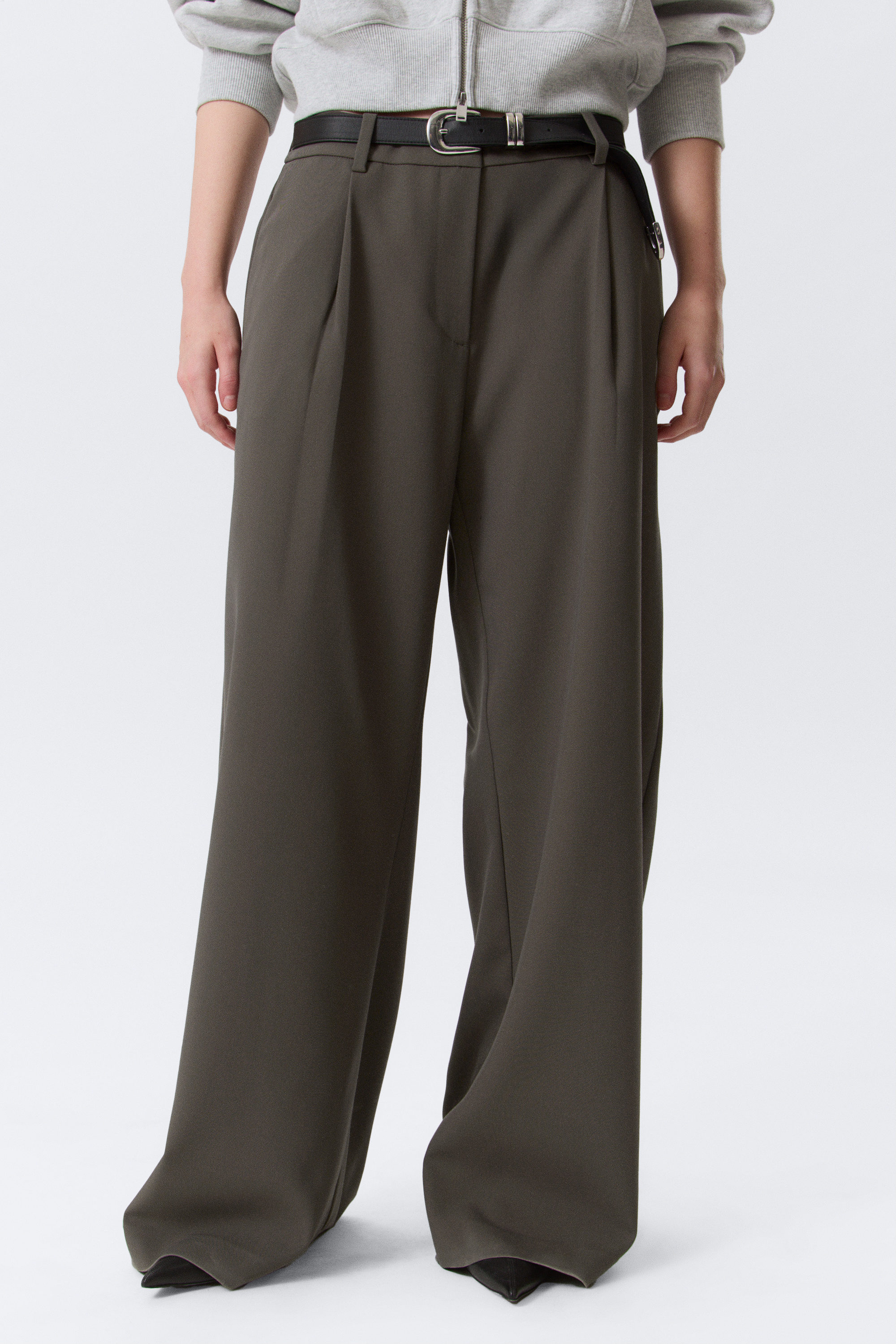 Dark Grey - Low Waist Wide Suiting Trousers - 2