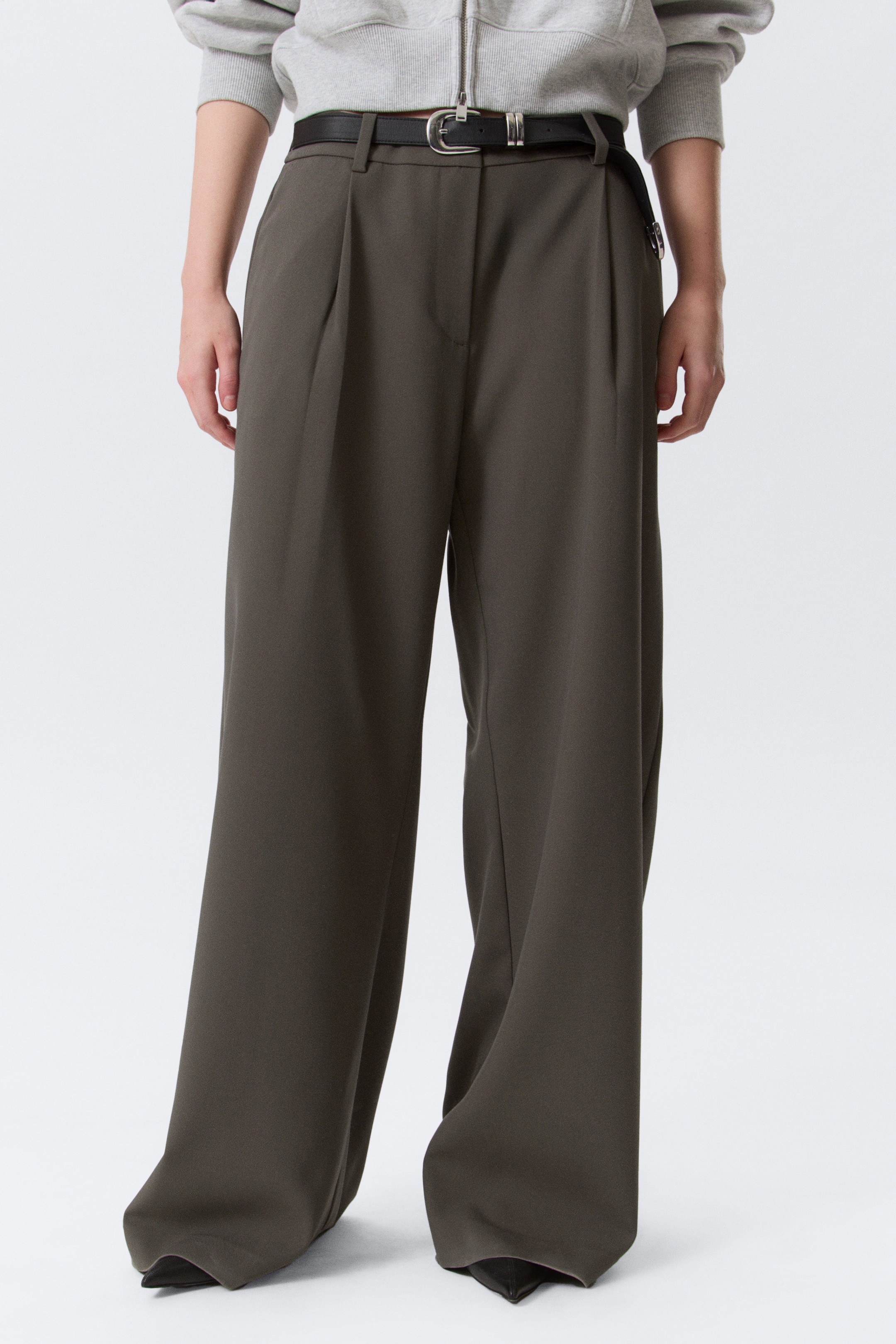 Dark Grey - Low Waist Wide Suiting Trousers - 2