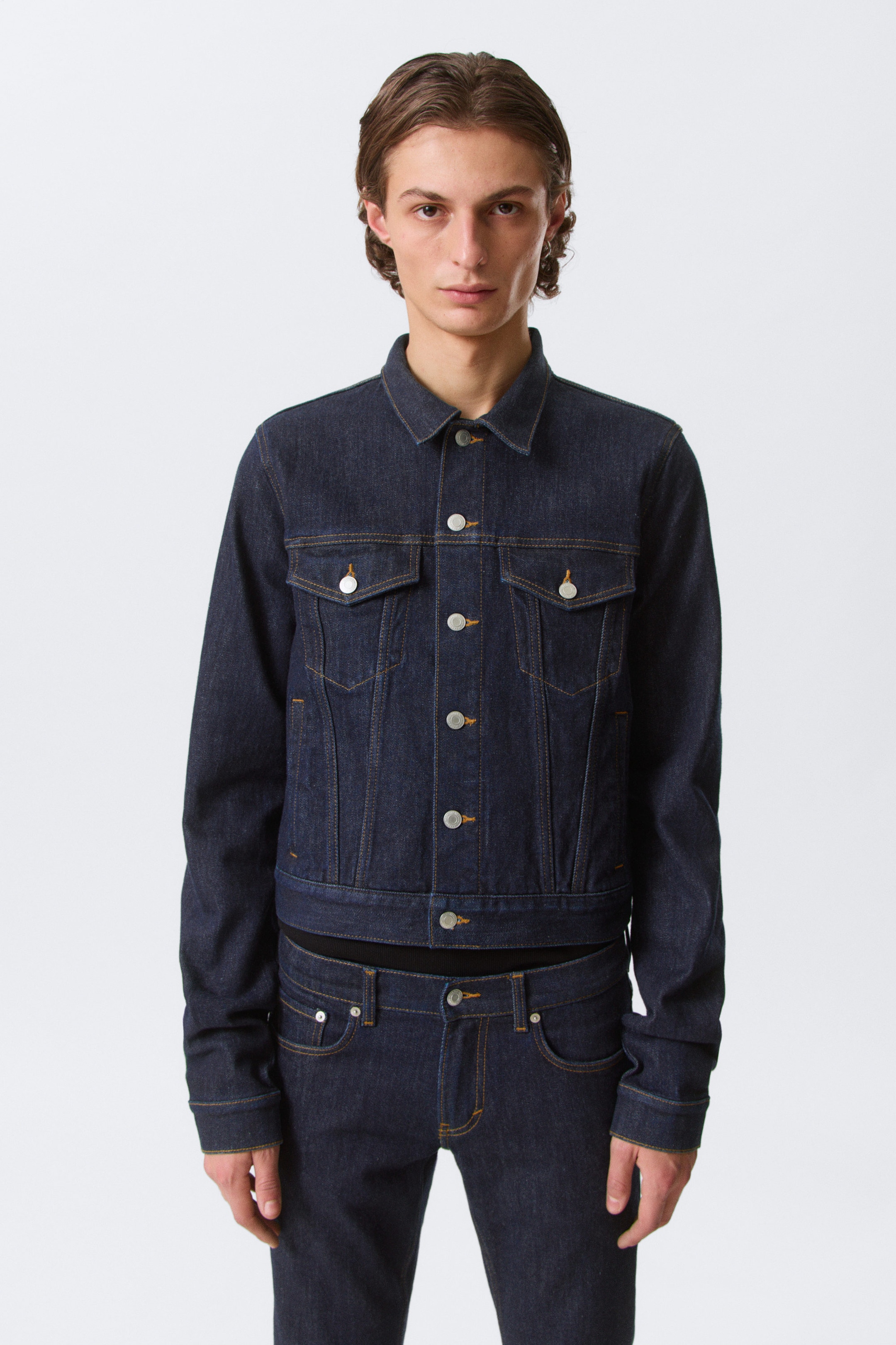 Blue Rinse - Dark Blue - Fitted Denim Trucker Jacket - 1