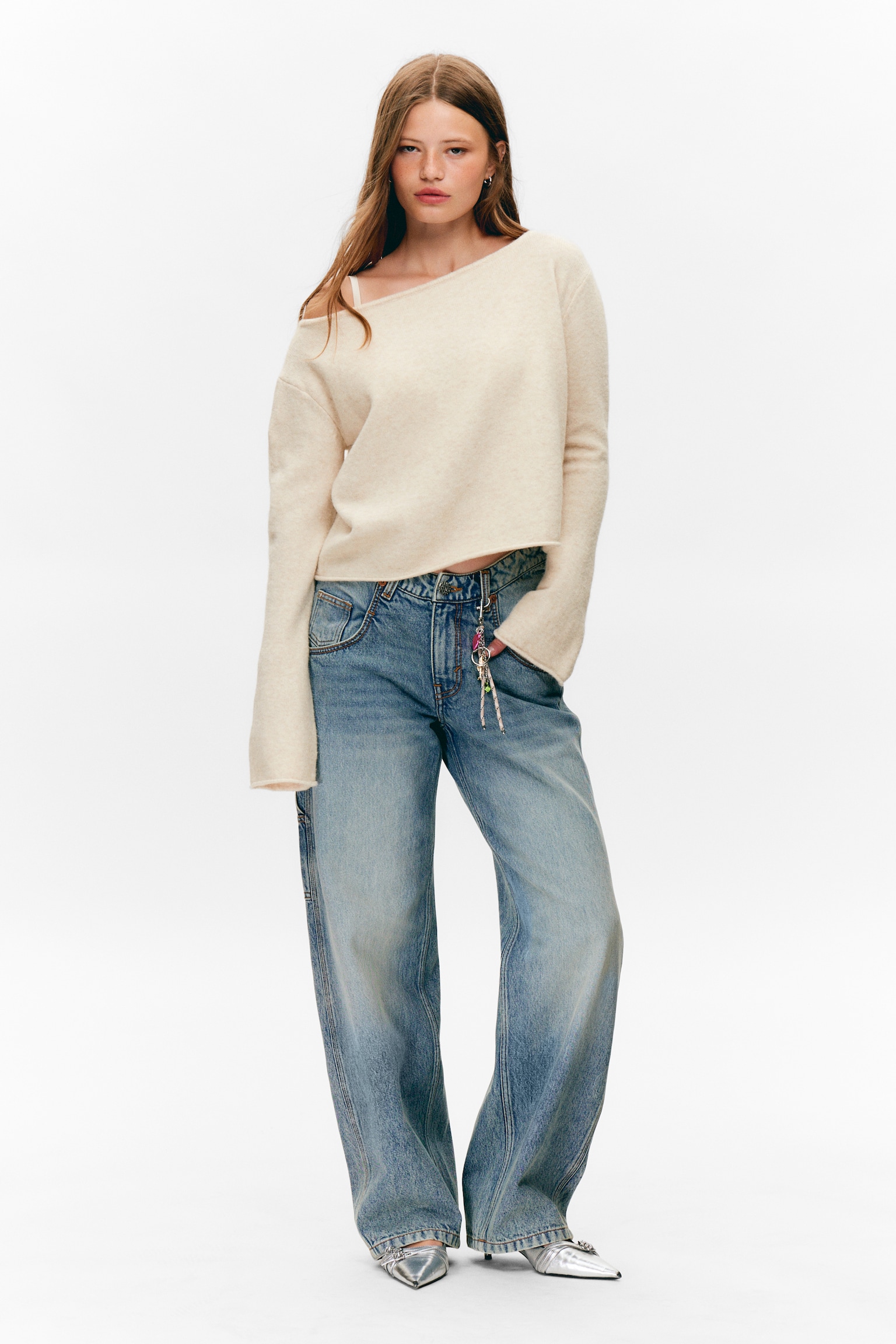 Soft Knit Boat-Neck Sweater - Light White/Dusty Blue/Dark Brown - 5