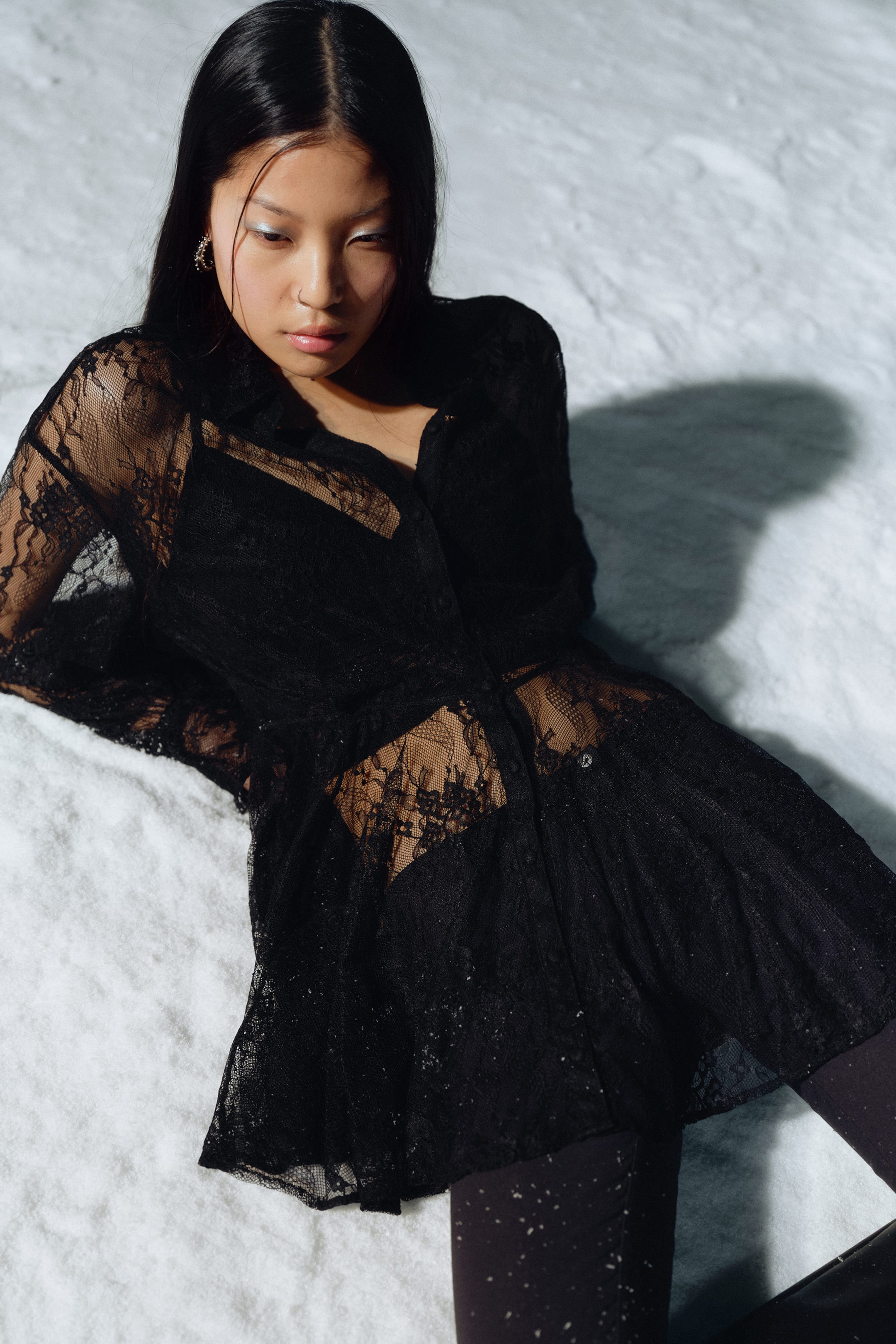 Black - Mini Lace Shirt Dress - 1