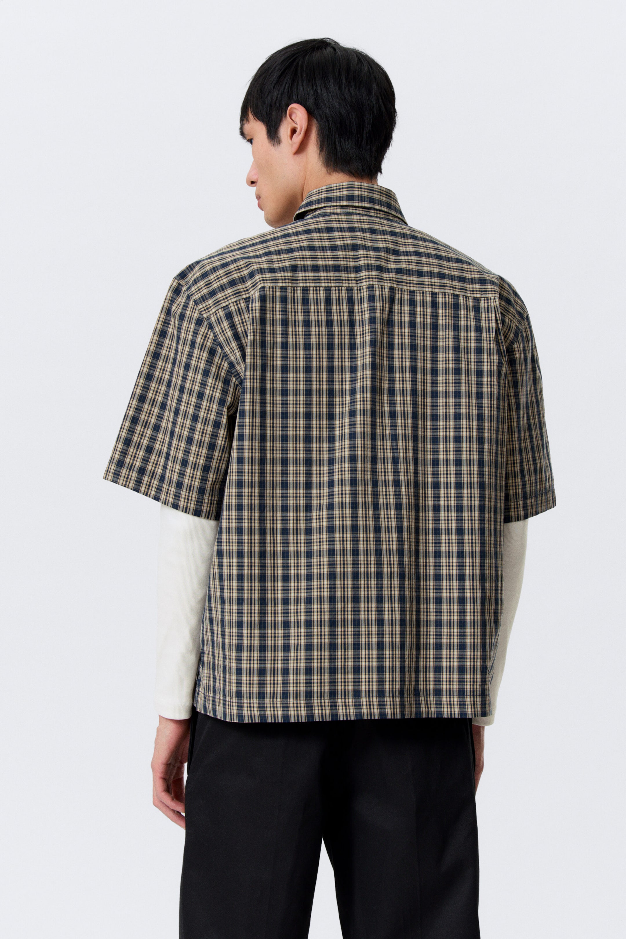 Beige - Navy Blue Check - Relaxed Fit Short-Sleeved Cotton Shirt - 2