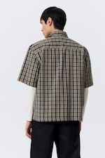 Beige - Navy Blue Check - Relaxed Fit Short-Sleeved Cotton Shirt - 2