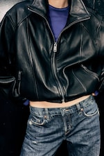 Noir - Veste oversize en cuir à col cheminée - 1