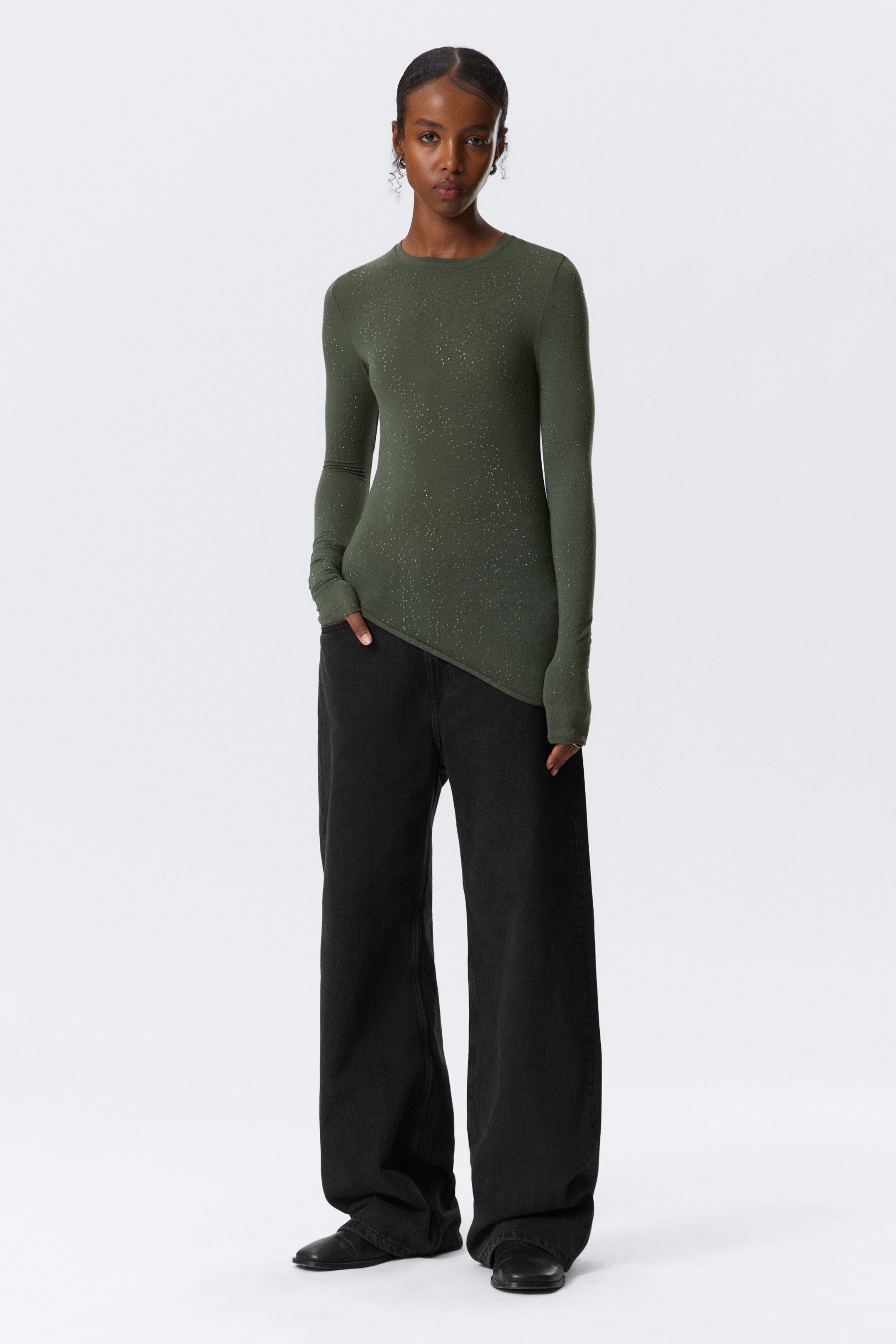 Vezi imaginea mai mare: Top cu imprimeu și pietre strălucitoare, croială slim - Verde Kaki Închis - FEMEI | H&M RO 3