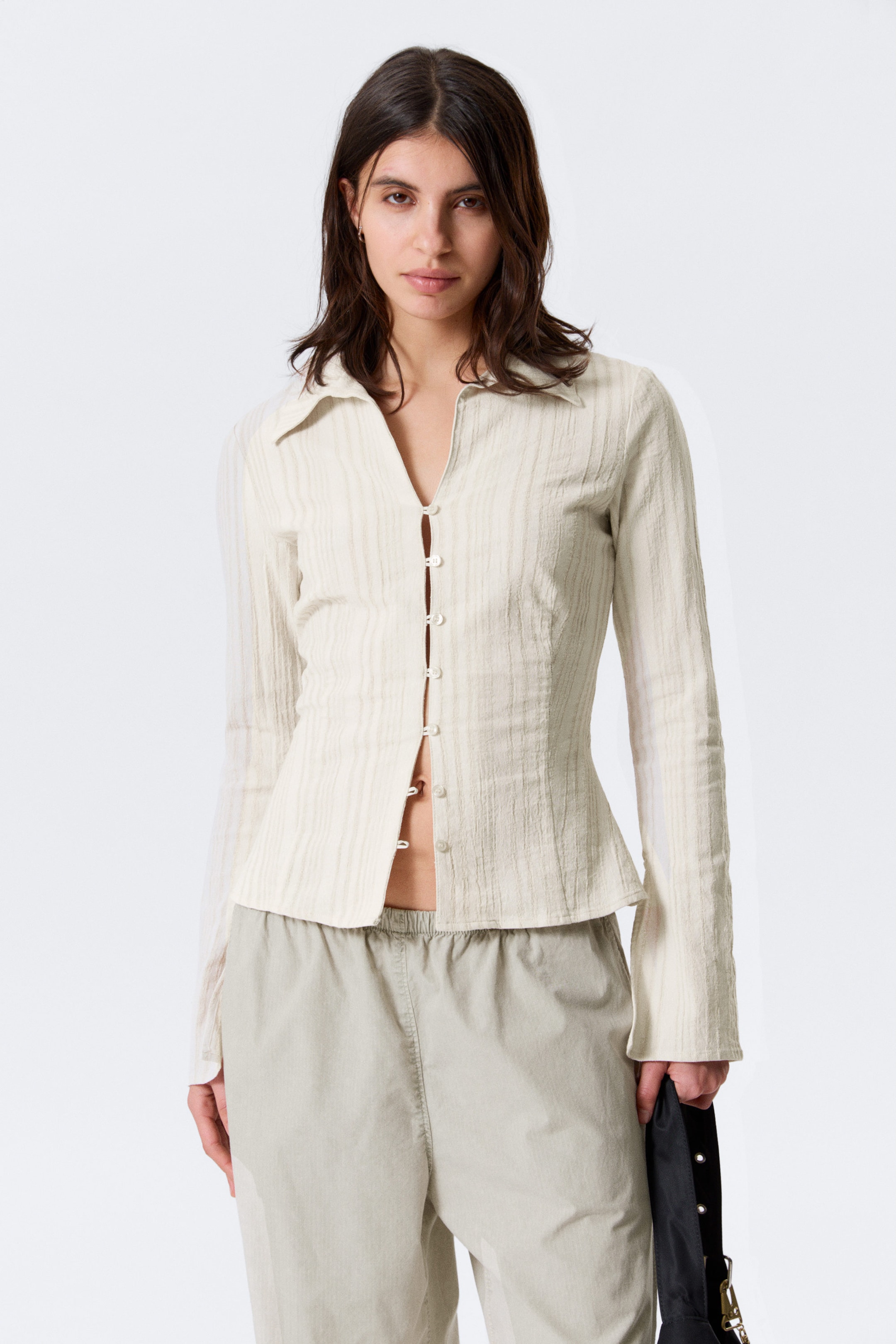 Light Beige - Slim Fit Textured Blouse - 1