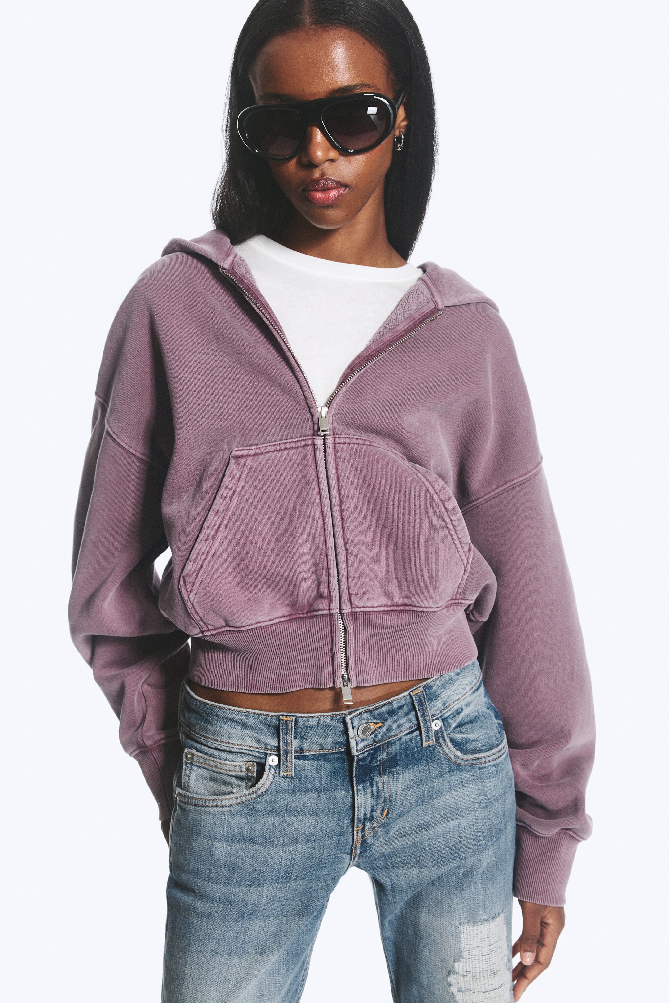 Washed Purple - Sweat à capuche court et carré zippé - 1