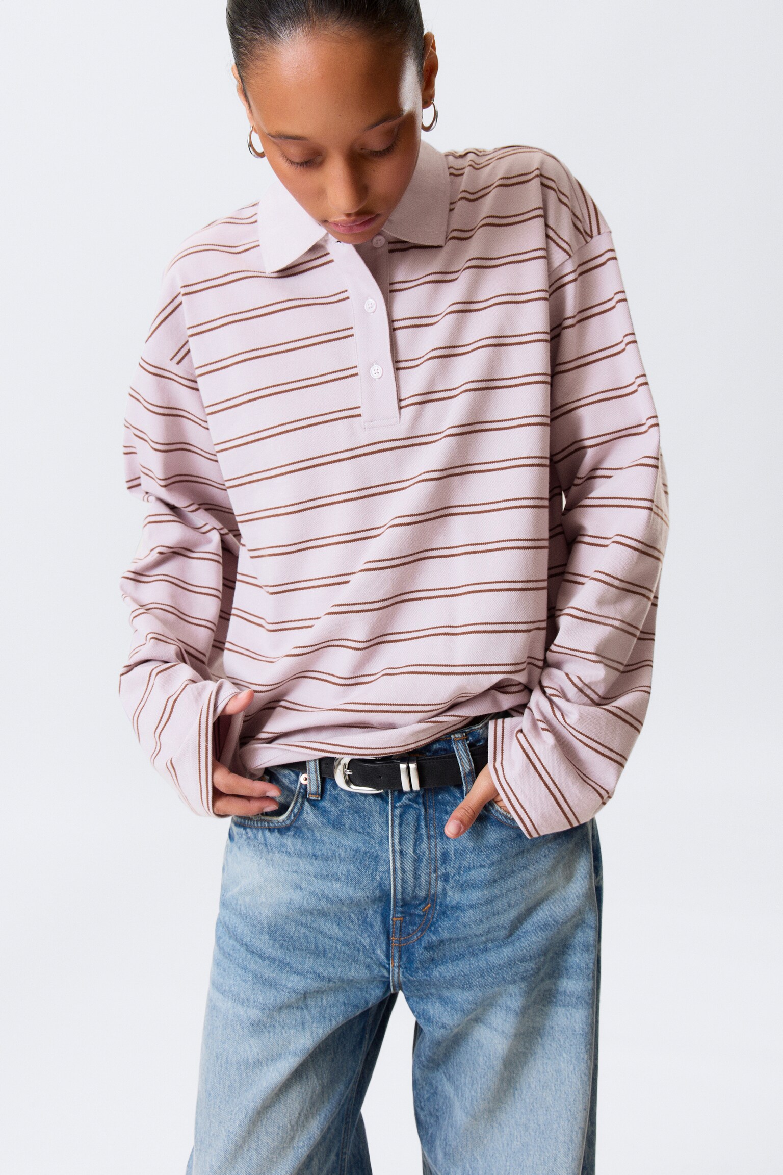 Long-Sleeved Cotton Polo Top - Striped Dusty Lilac/Gestreept donkerbruin/Striped Light Pink/Dark Plum - Pink Stripes/White - Black Dots - 2