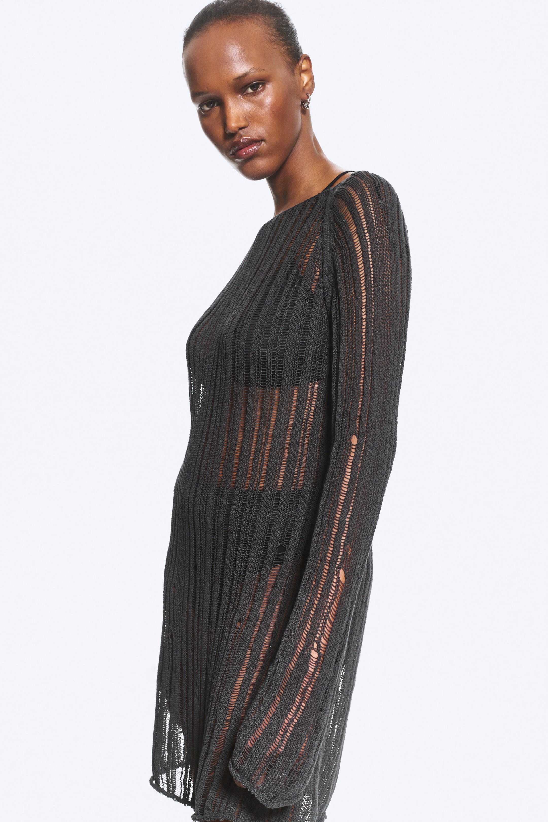 Dark Grey - Knitted Long-Sleeved Dress - 2