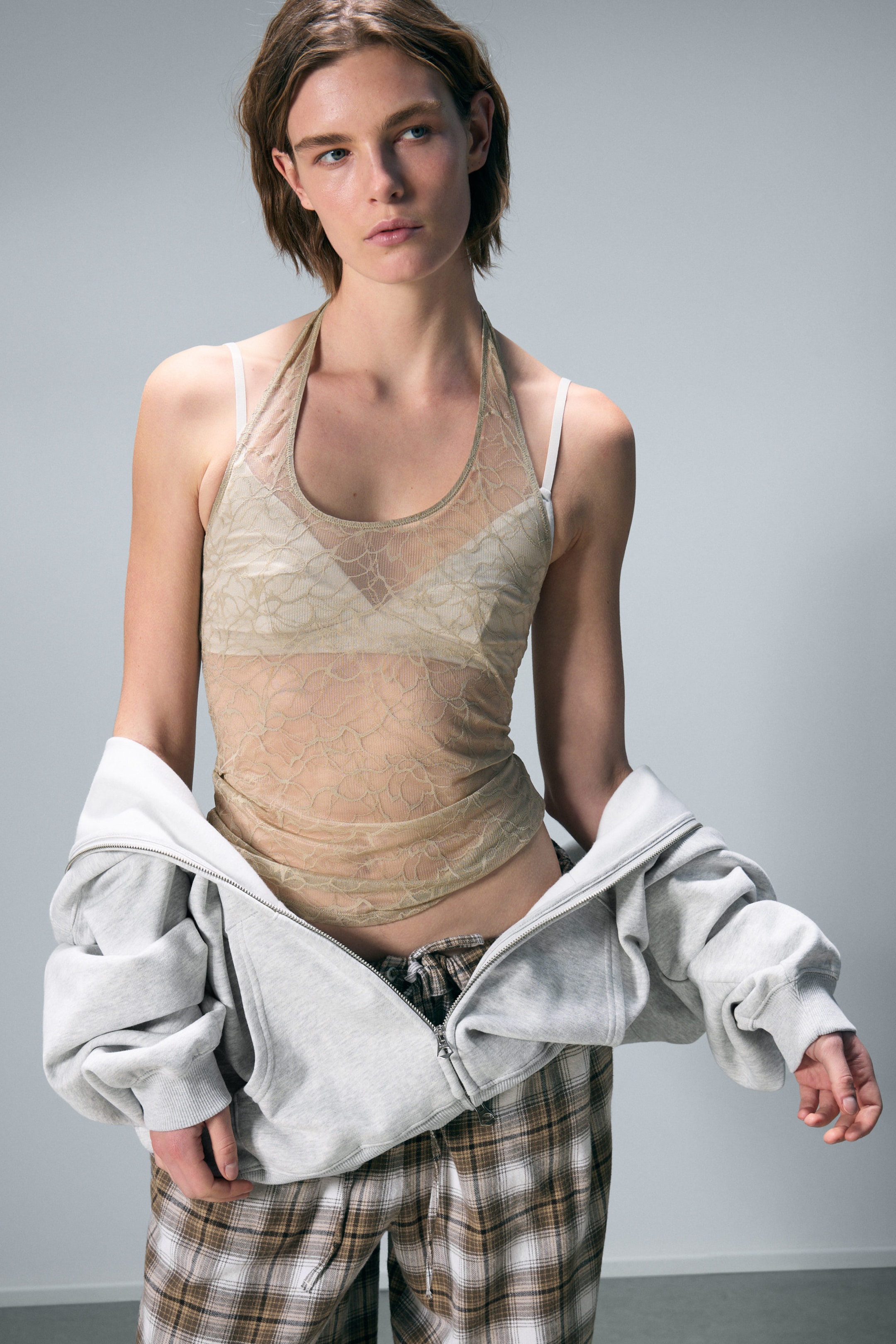 Beige - Swirly Lace Halterneck Top - 1