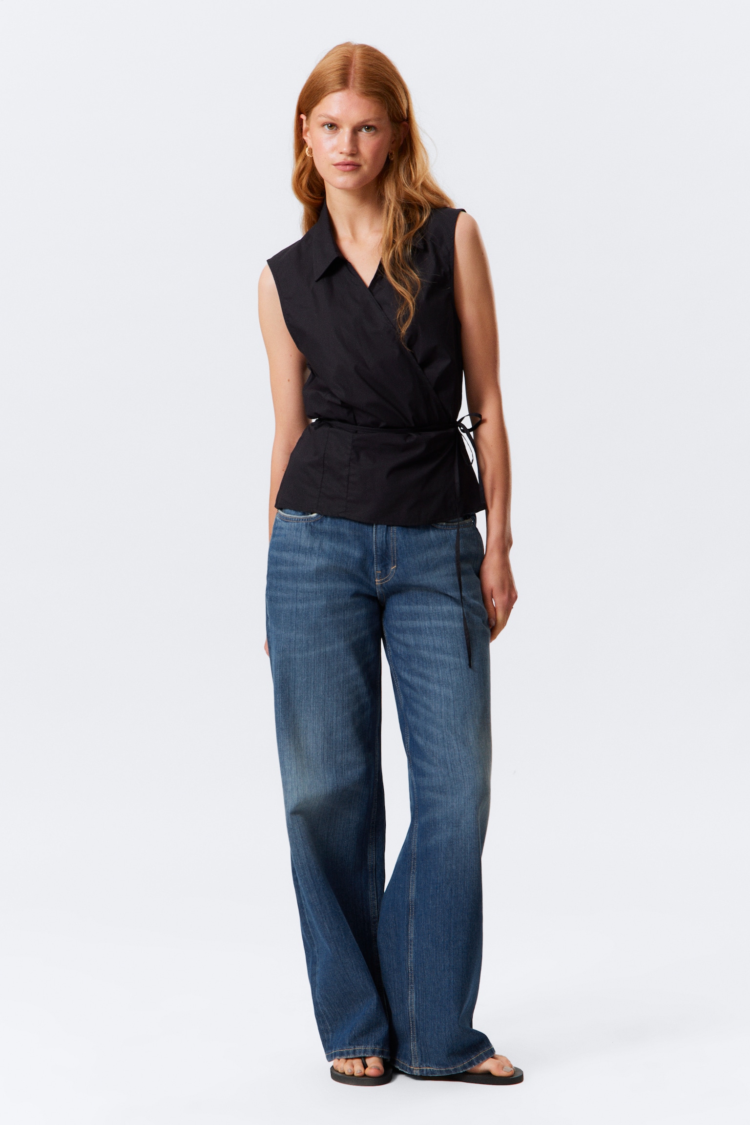 Sleeveless Cotton Wrap Top - Čierna/Biela - 5