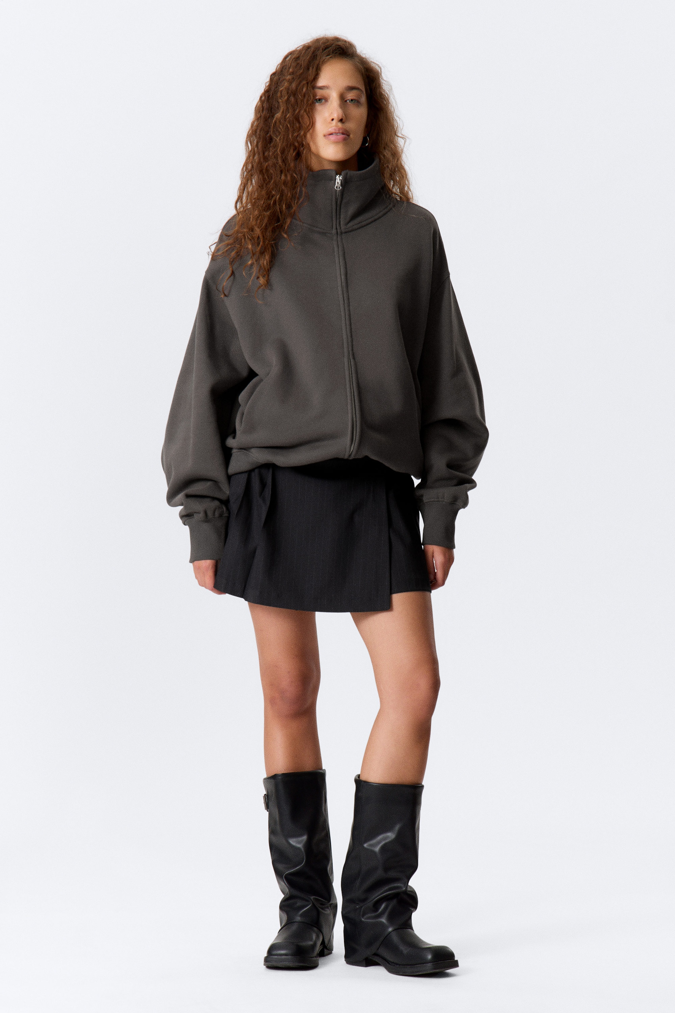 Dunkelgrau - Zip-Pulli mit Trichterhals aus schwerer Baumwolle - 1