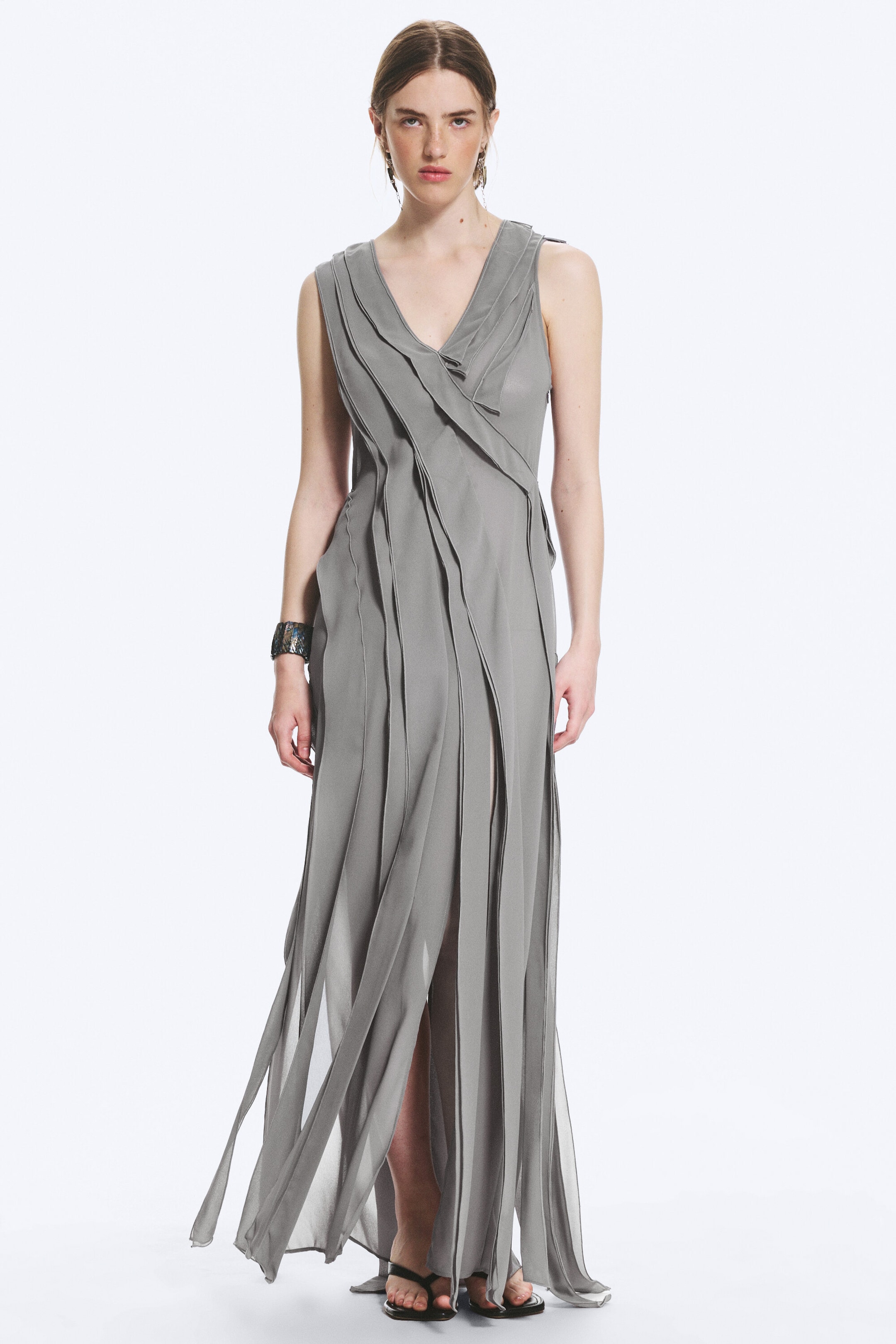 Gris cendré - Robe drapée à col en V - 2