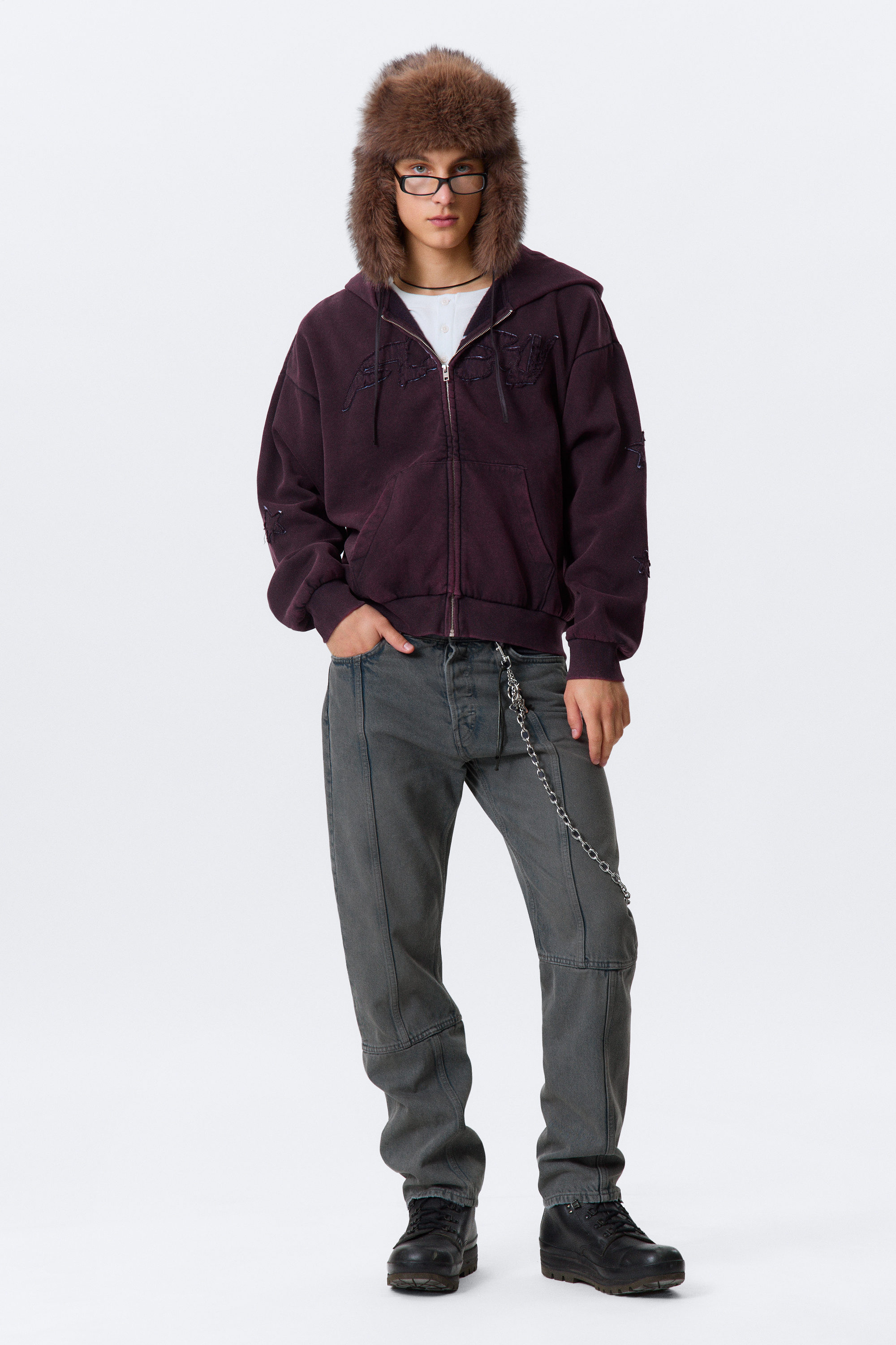 Burgundy - Square Graphic Zip Hoodie - 2
