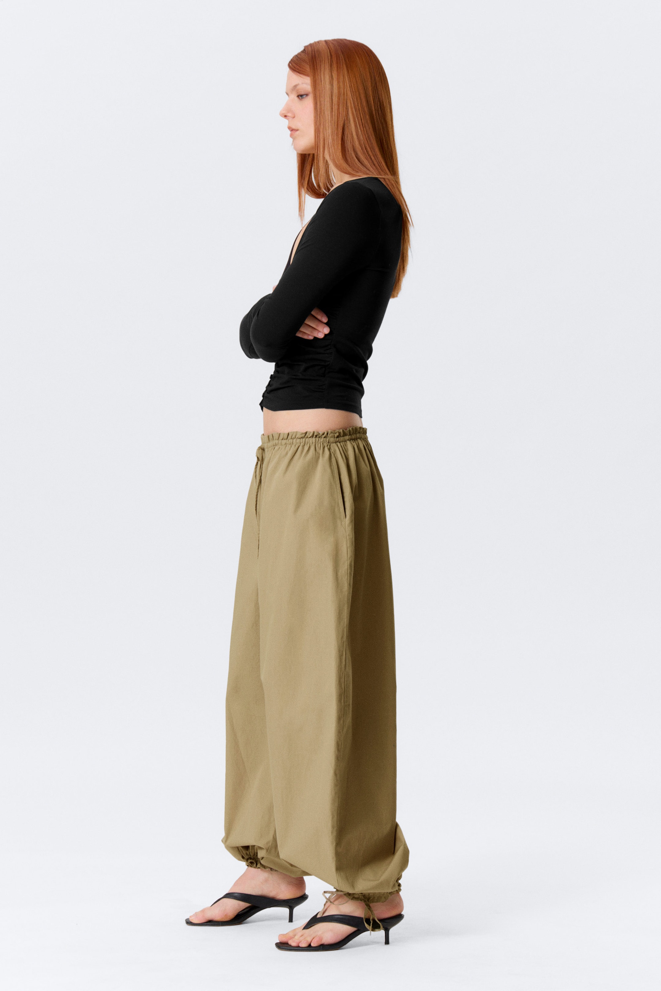 Light Khaki Green - Low Rise Ruched Drawstring Trousers - 2