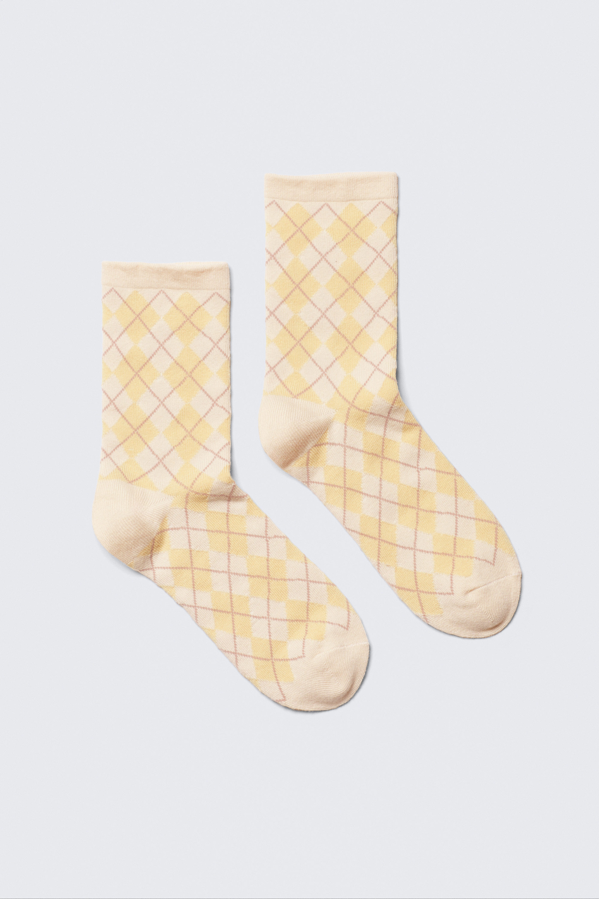 Ecru & Dusty Yellow Argyle - Jacquard Knit Argyle Crew Socks