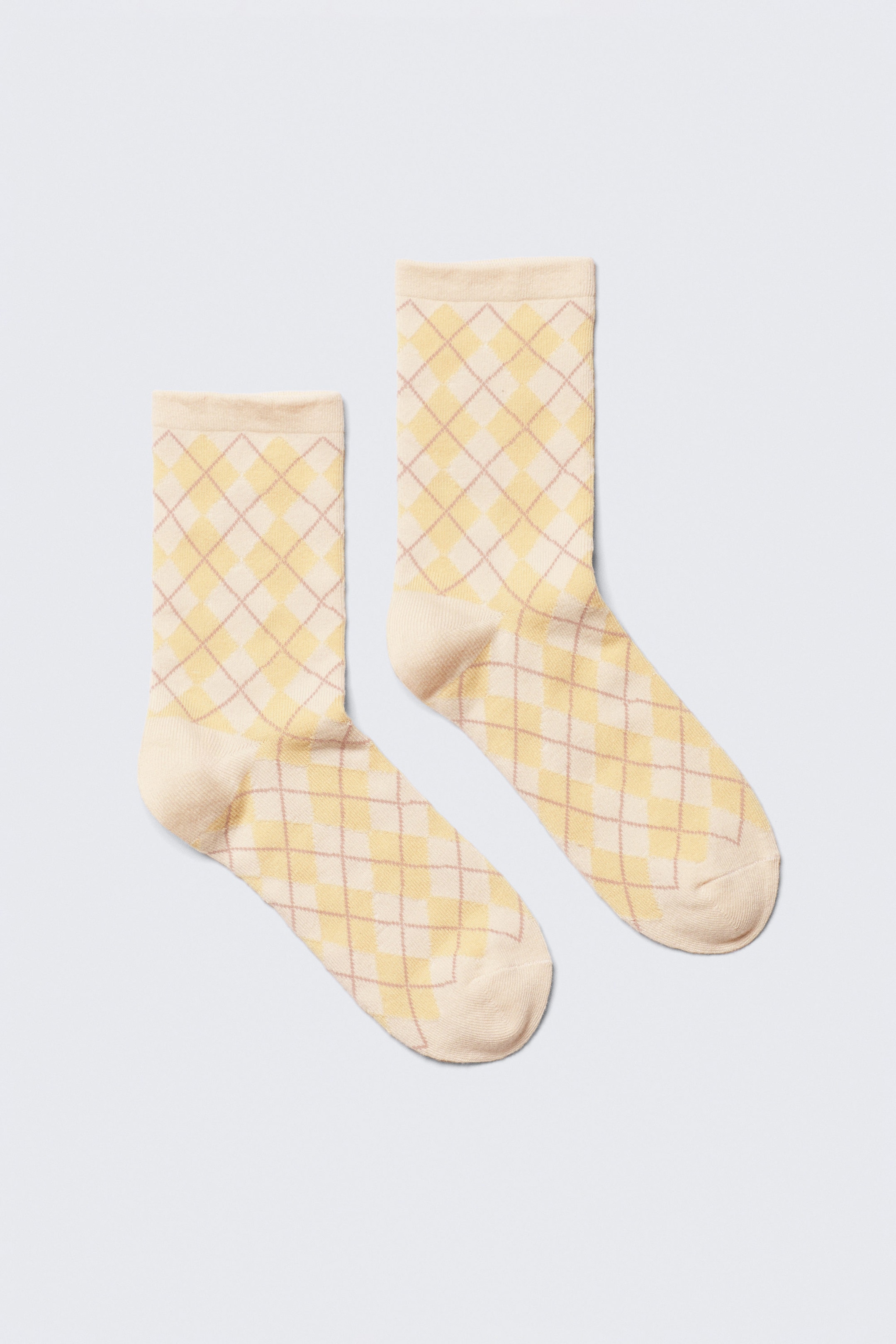 Ecru & Gul Argyle - Jacquard stickade argyle strumpor