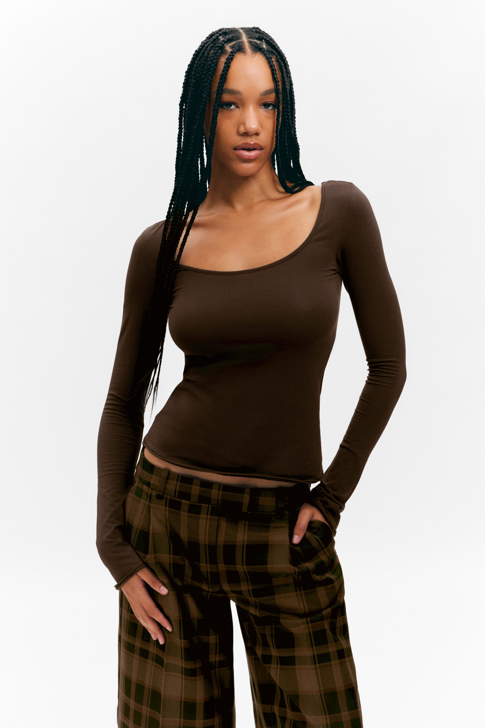 Dark Brown - Long-Sleeved Slim Fit Scoop Neck Top - 1
