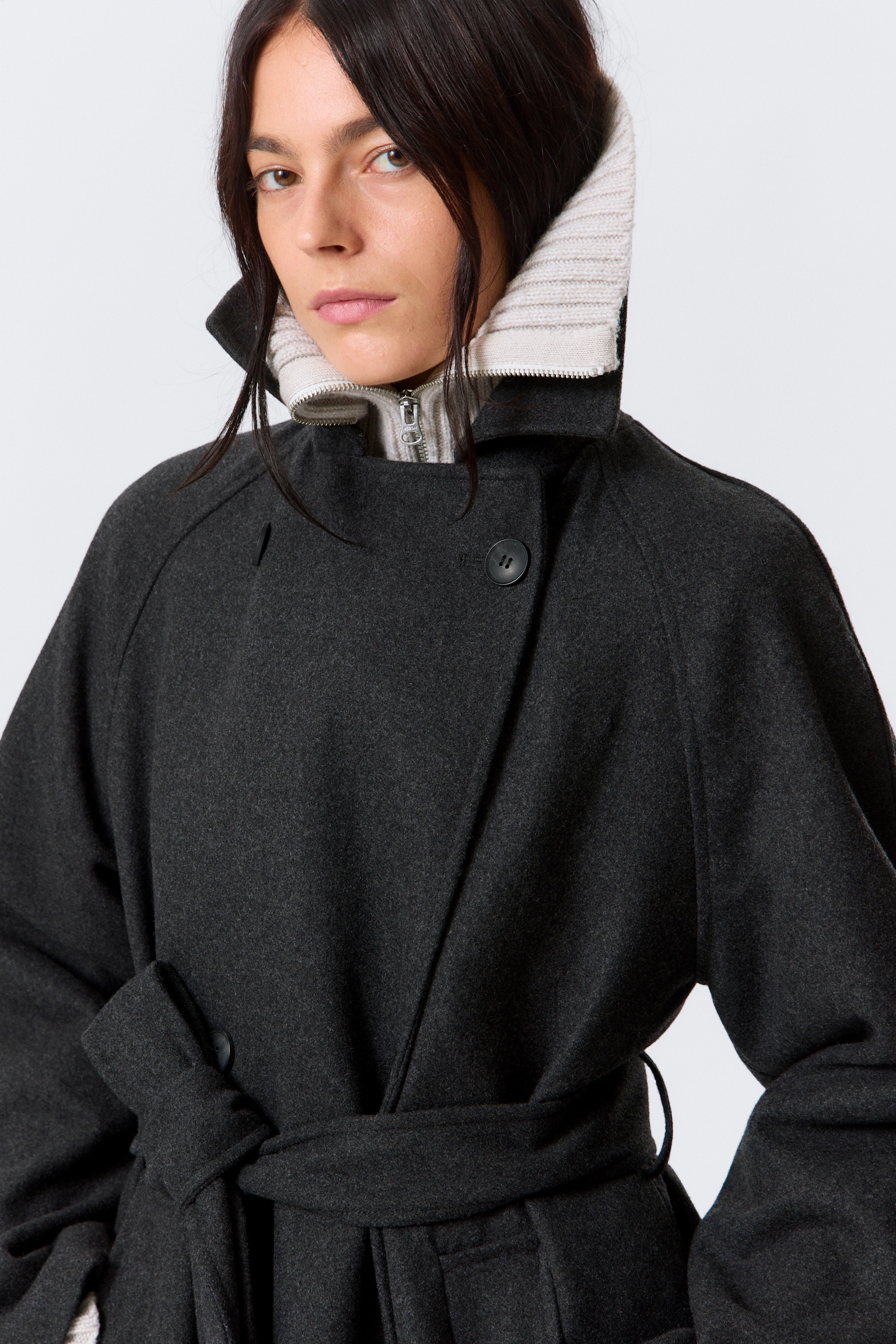 Manteau oversize croisé en laine mélangée Kia - Gris foncé chiné/Beige clair - 4