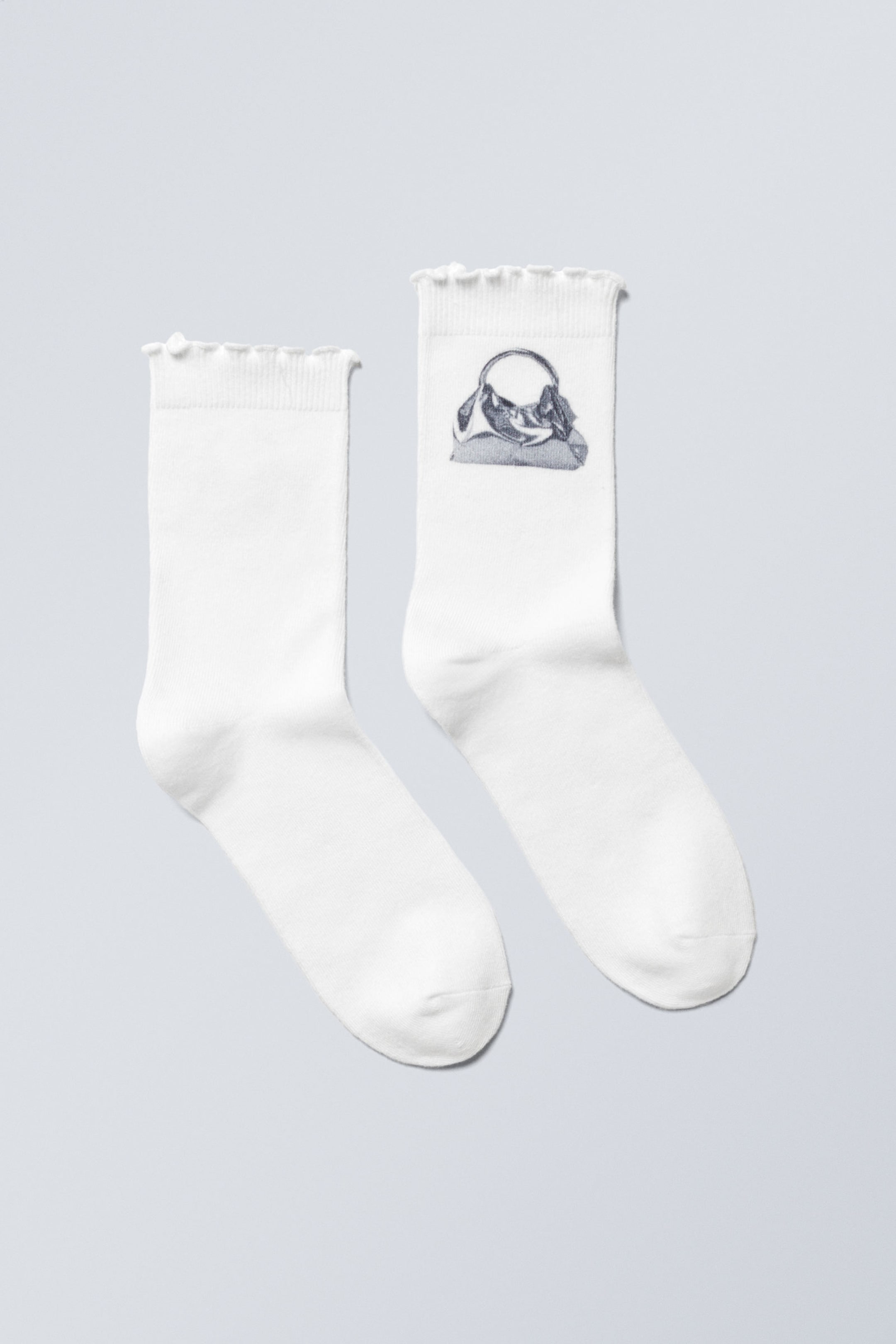 White - Handbag Print - Frilled Printed Socks