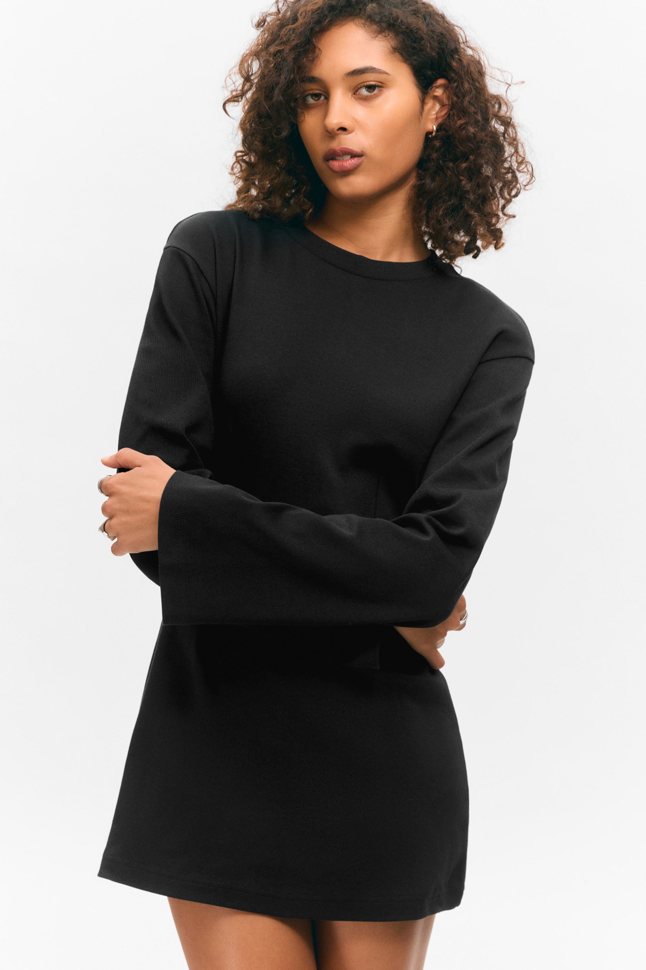 Black - Long-Sleeved Cotton Mini Dress - 2
