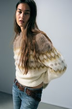 Blanc/beige foncé jacquard - Pull en maille duveteuse coupe décontractée - 0