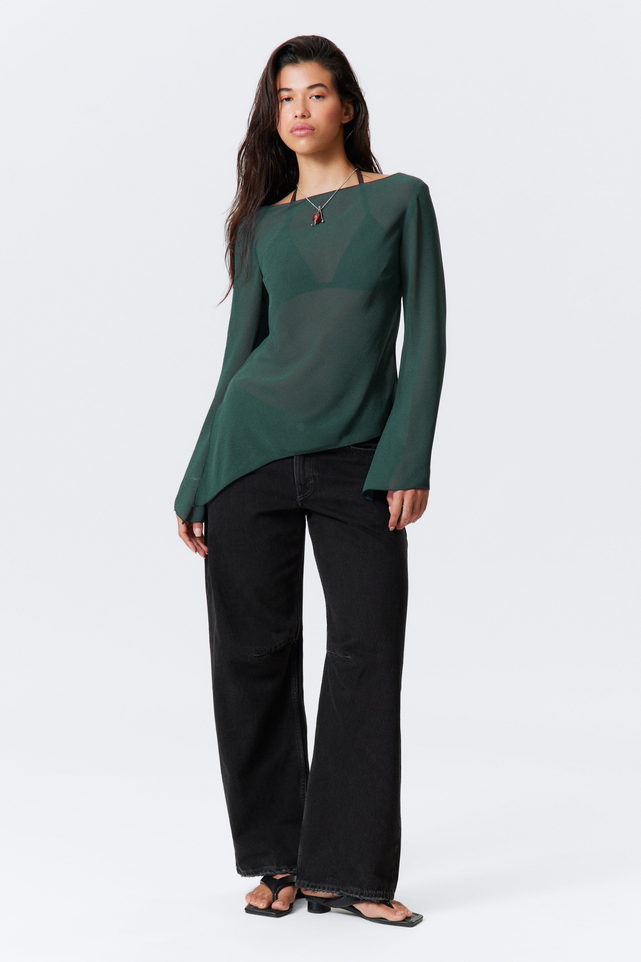 Grotere afbeelding bekijken: Doorschijnende asymmetrische blouse met lange mouwen - Petrol - DAMES | H&M NL 2