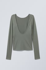 Khaki Green - Gizem Open Back Long Sleeve Top - 1