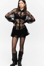 Black - Mini Lace Shirt Dress - 3