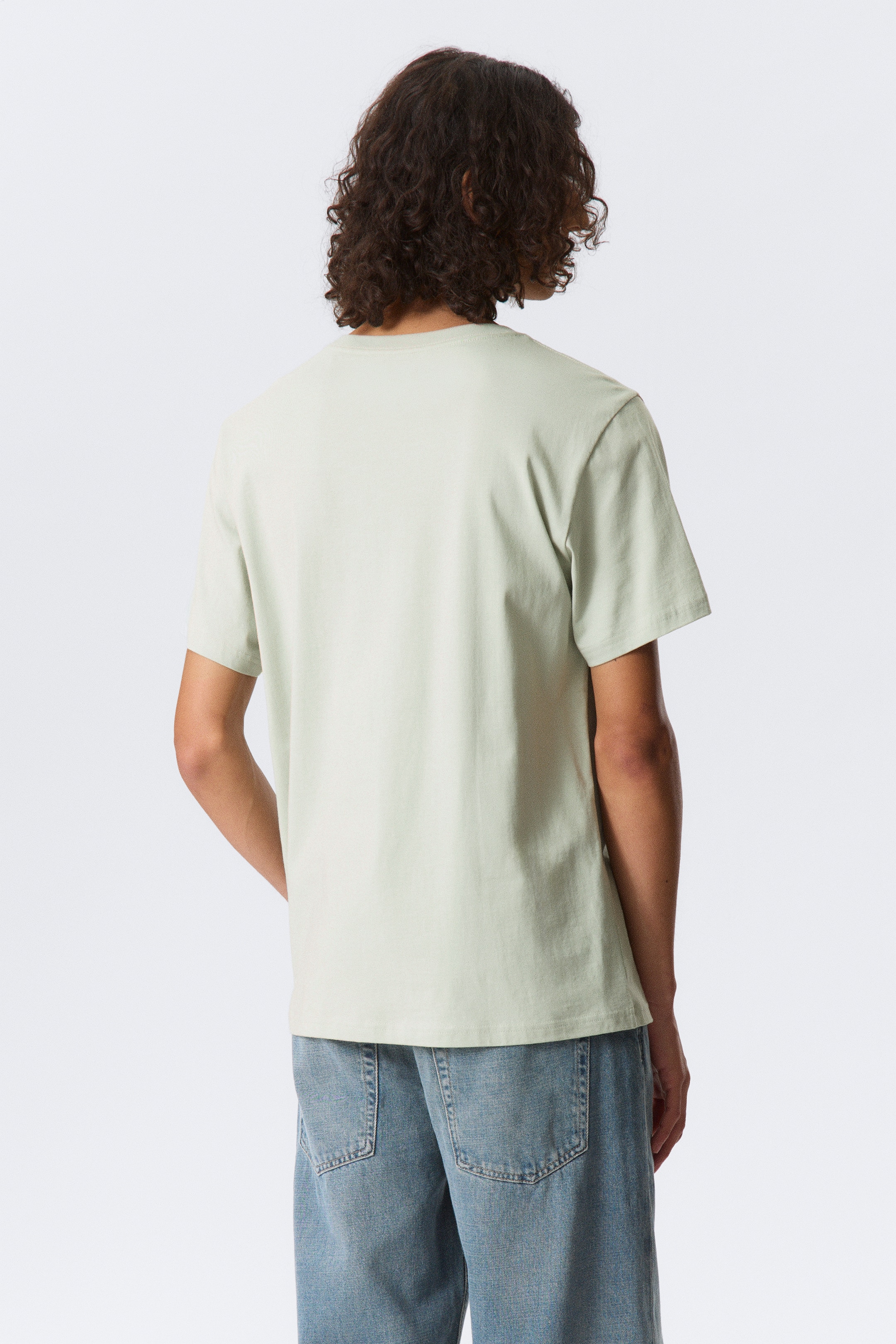 Grotere afbeelding bekijken: Een lichtgroen T-shirt met korte mouwen wordt gepresenteerd vanuit het achteraanzicht. Het heeft een ronde hals, een ontspannen pasvorm en een rechte zoom, waarbij de korte mouwen losjes vallen.
