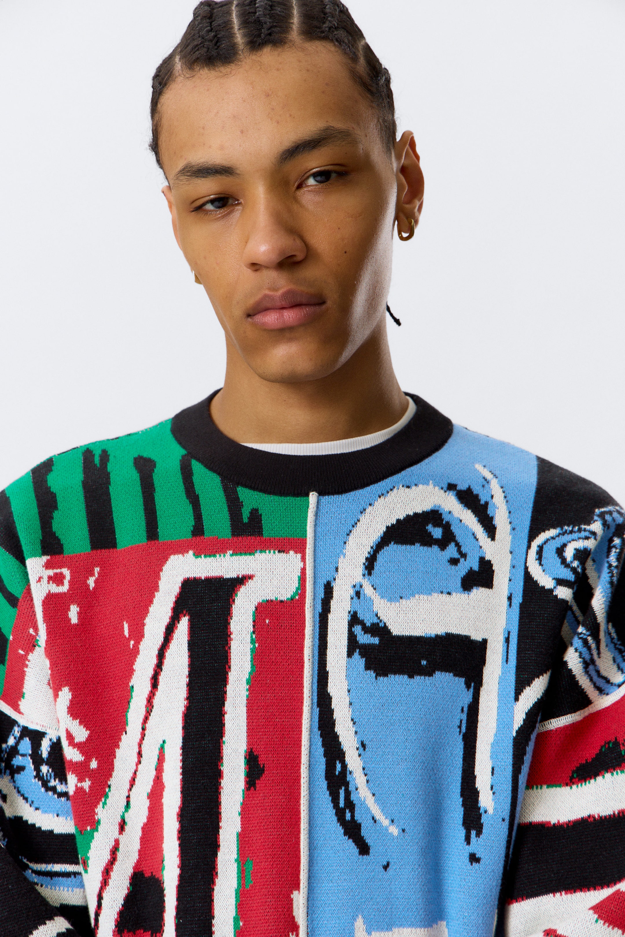Veelkleurige print - Losse grafische gebreide katoenen trui - 2