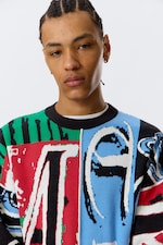 Veelkleurige print - Losse grafische gebreide katoenen trui - 1