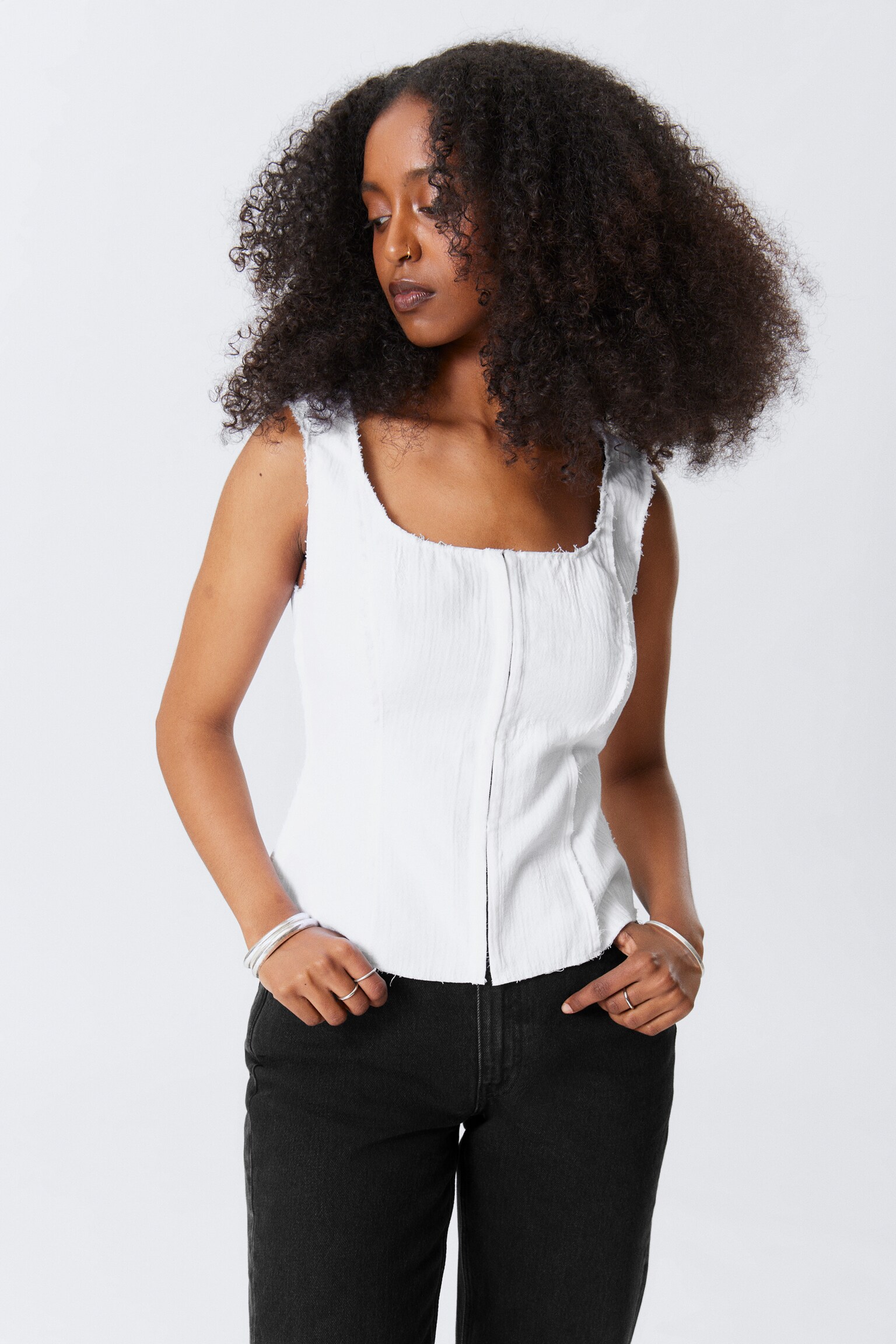 Top corsetto in twill - Bianco/Talpa scuro