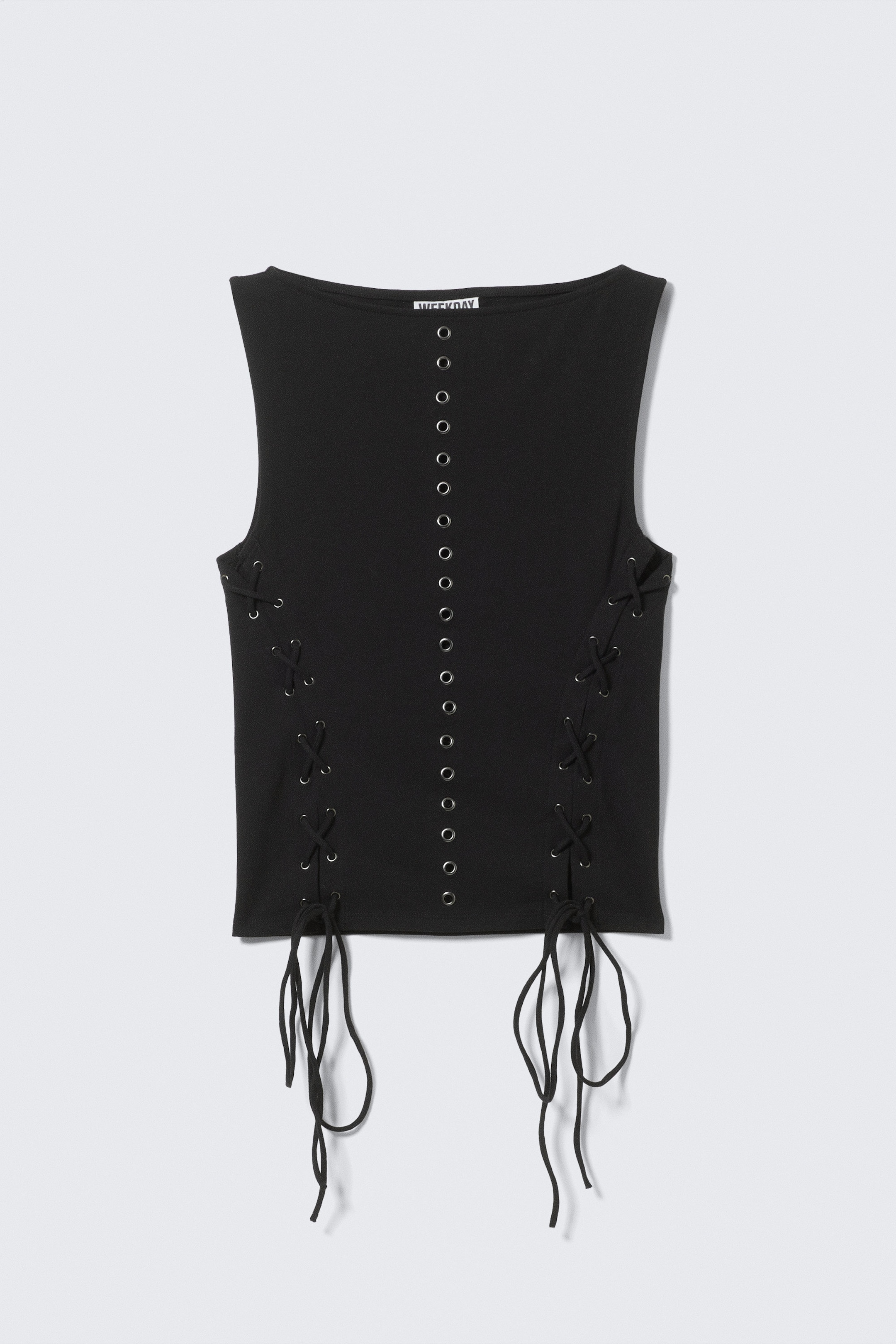 Black - Sleeveless Lacing Boat-Neck Eyelet Top - 0