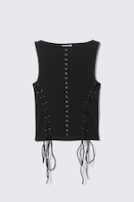 Black - Sleeveless Lacing Boat-Neck Eyelet Top - 0
