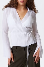 Transparent White - Textured Long-Sleeved Wrap Shirt - 1