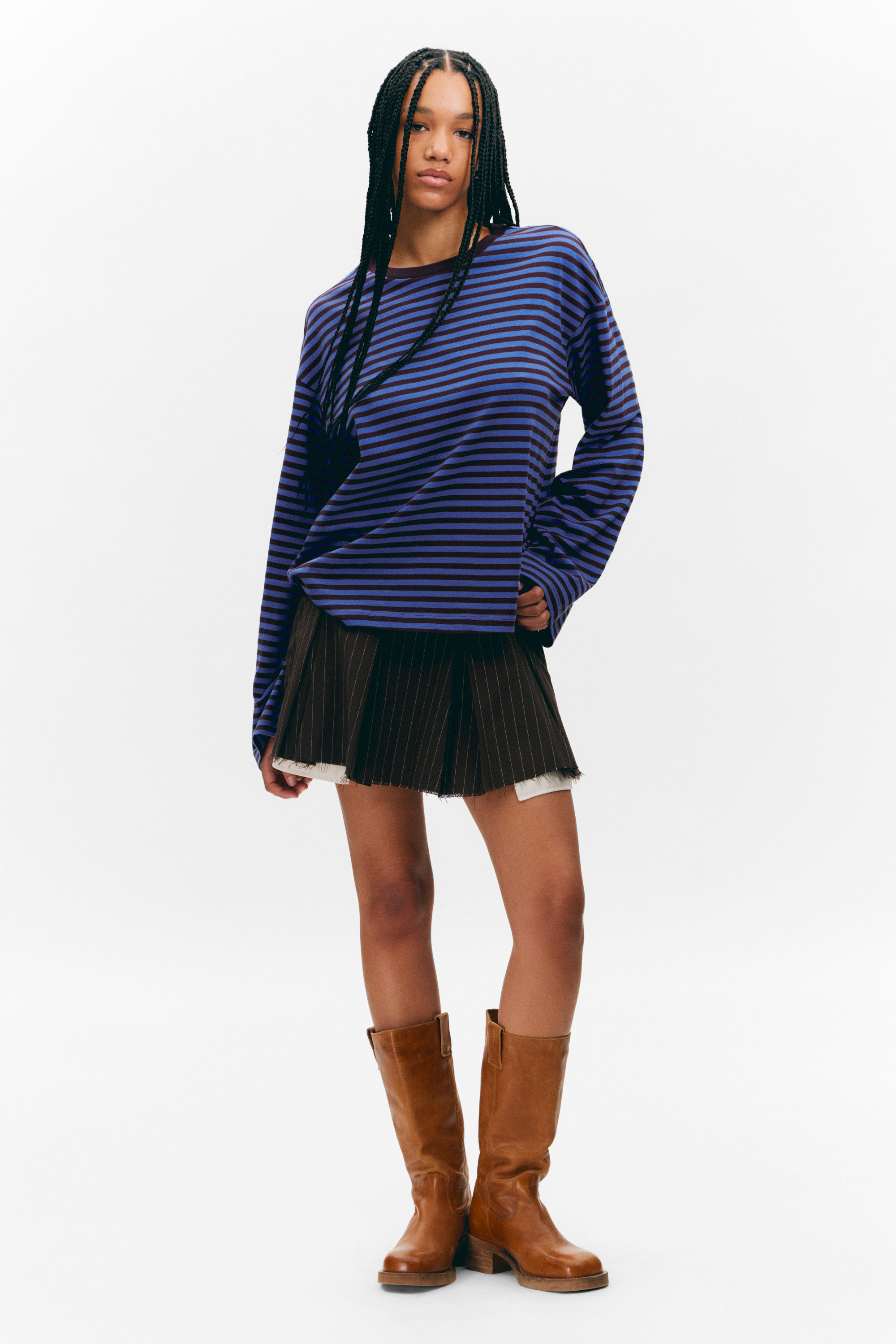 Blue & Burgundy Stripes - Long-Sleeved Cotton T-shirt - 2