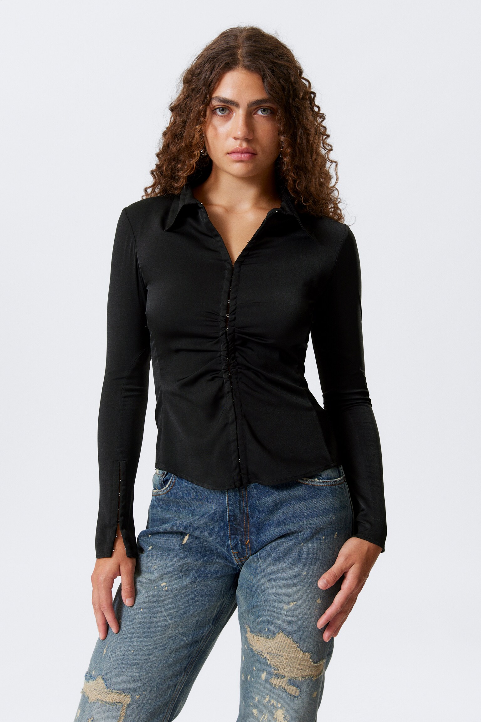 Long-Sleeved Fitted Satin Shirt - Black/Dark Mole/Checked Dark Brown/Dark Red - 1