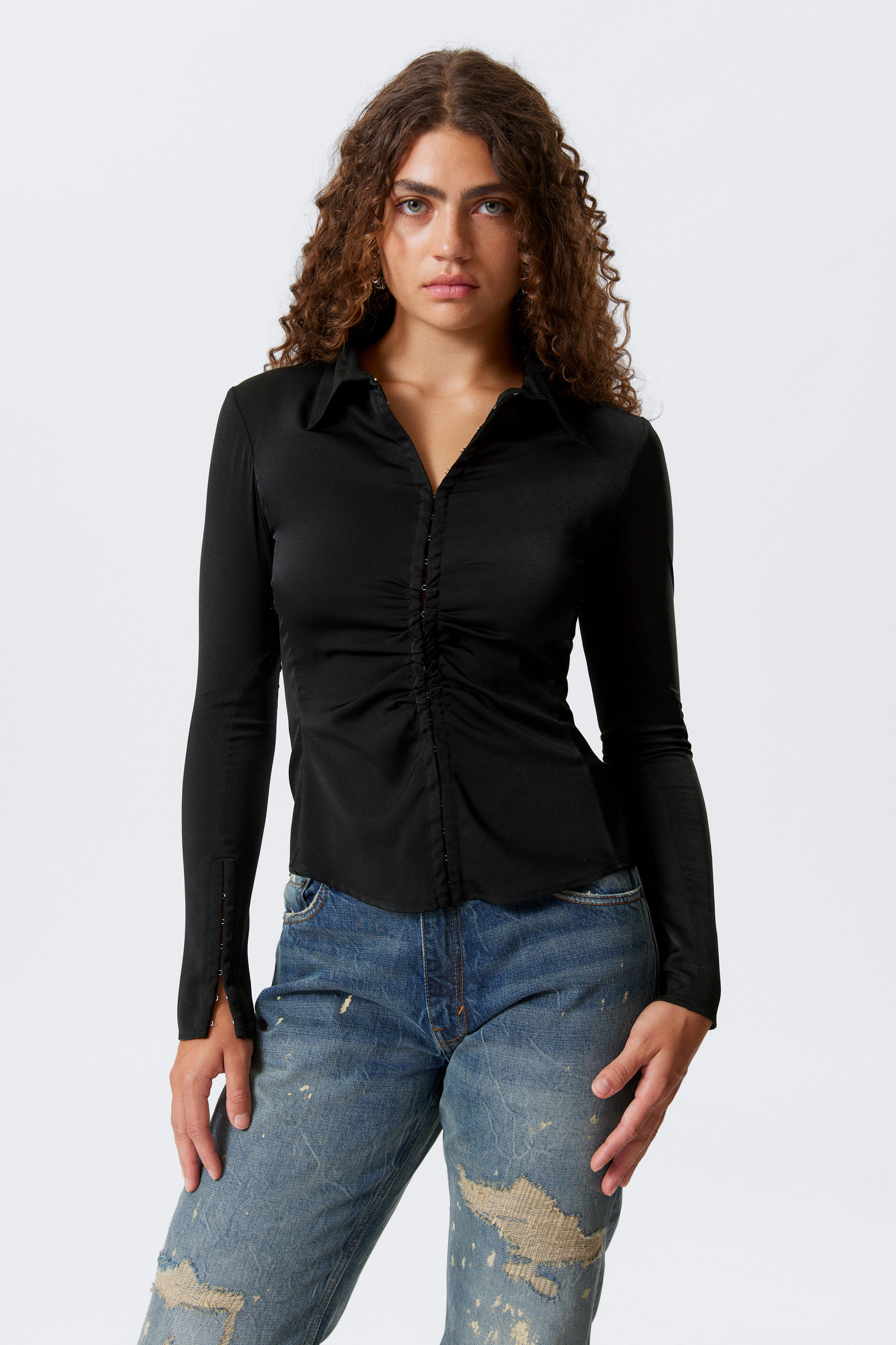 Black - Long-Sleeved Fitted Satin Shirt - 1