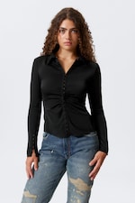 Black - Long-Sleeved Fitted Satin Shirt - 0