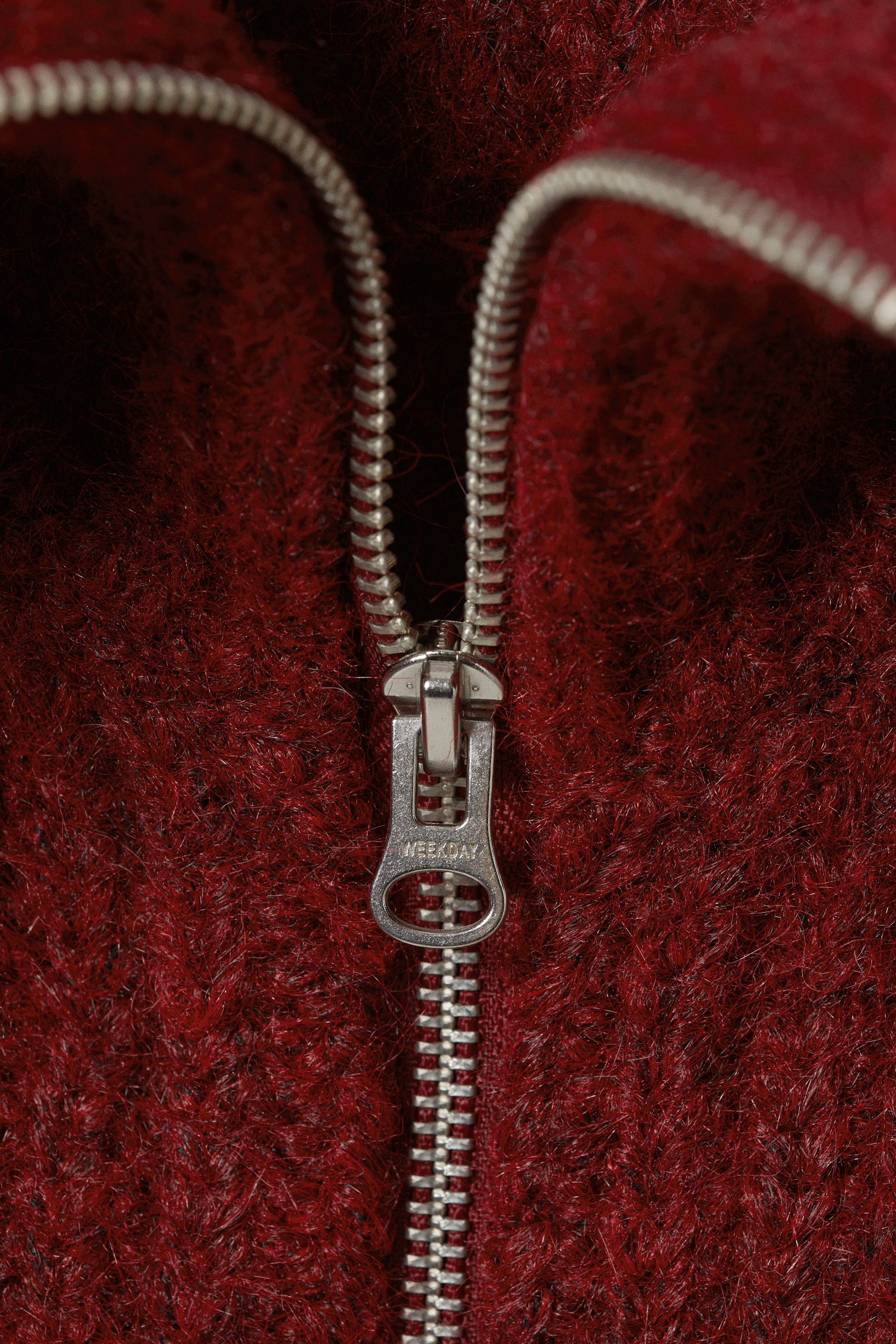 Dark Red Melange - Ribbed Zip-Up Knit Cardigan - 4